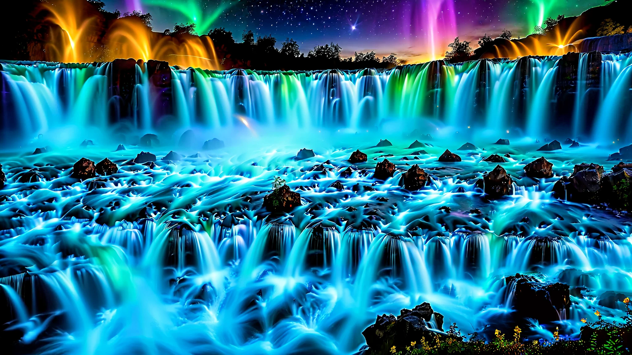 32K Resolution Masterpiece , highest quality , super detailed, Extremely high resolution 32K wallpaper , shot with a fisheye lens ,Many layers of waterfall flow , Scales like Niagara Falls, spectacular scale , cobalt blue luminescent waterfall,A bird's-eye view, The rock shines fluorescent green , super detailedな特徴, Awe-inspiring Details . Spectacular Waterfall Falling Directly from the Starry Sky , Falling on Metal , Shining Cliff Surface . Water Shines in Blue and Purple , Holographic Streams Intertwine . Bioluminescent flowers and trees at the bottom of the valley々Covered in, Its Leaves Reflect the Light of Water . Floating Spheres of Light Wrapping the Scene , Mysterious Addition , have an otherworldly atmosphere ., countless stars in the background 々and galaxy clusters ,Mysterious charm, mysterious atmosphere,