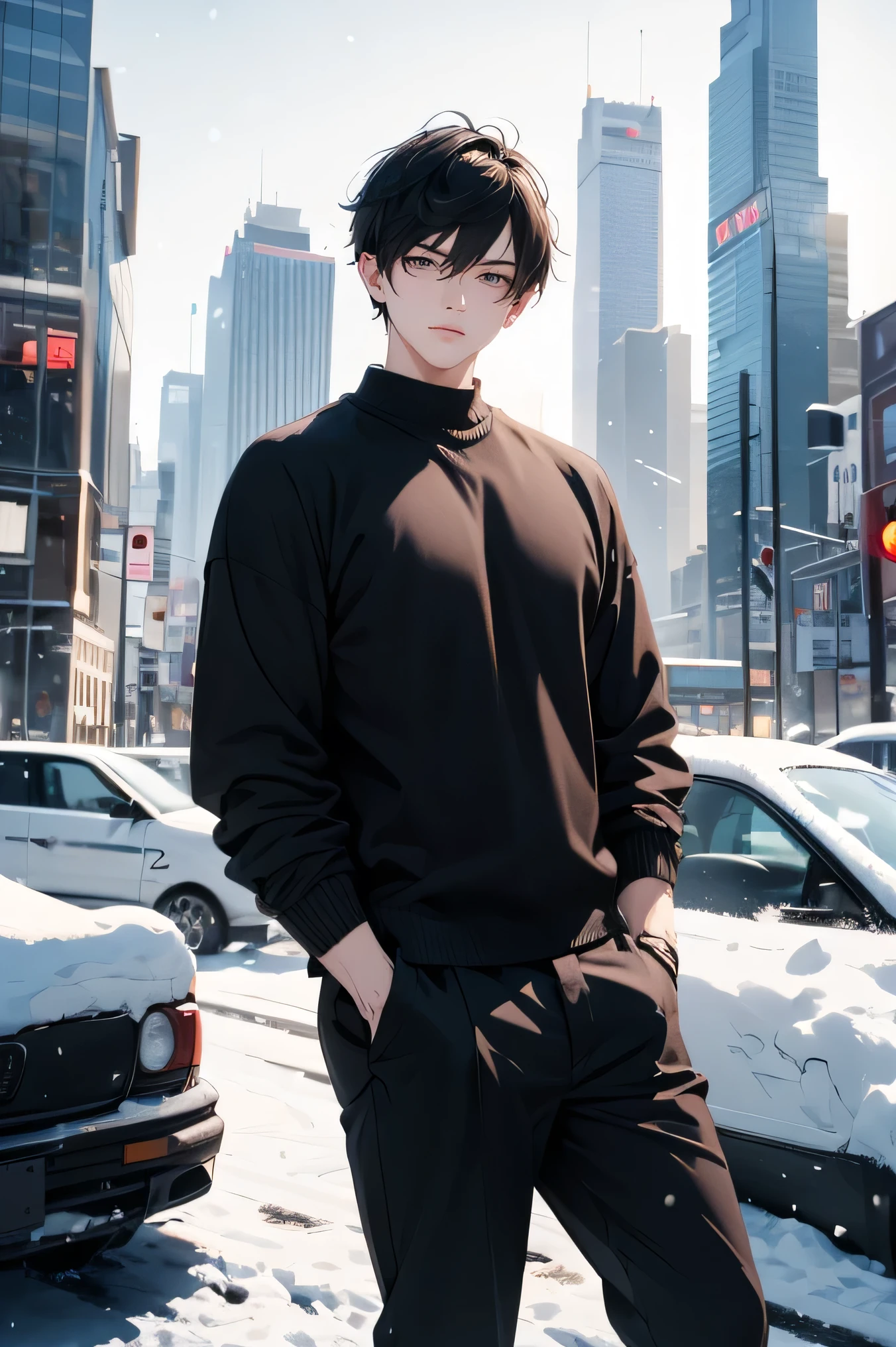 Japanese handsome short dark hair short cropped male Slim figure white thick knit sweater Black R long pants sportsman type man severe face Critical Eyes Background is snow Just snow Future City Skyscrapers and Highways Round cut black hair upper body up composition with bigger face