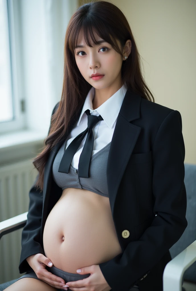 8K RAW Photos、hight resolution、21-year-old cool Korean、big round chest、student clothes、neck tie、Tie Ribbon、blazers、very Bigger breasts、pregnant woman、Very big belly、pleatedskirt、beautiful eyes finely detailed、long eyeslashes、Beautiful double eyelids、eyeshadows、Slender eyes、Sanpaku eyes、Dark eye makeup、evil smile、beautiful and thin legs、A dark-haired、Long hair lightly rolled、耳环、school classrooms