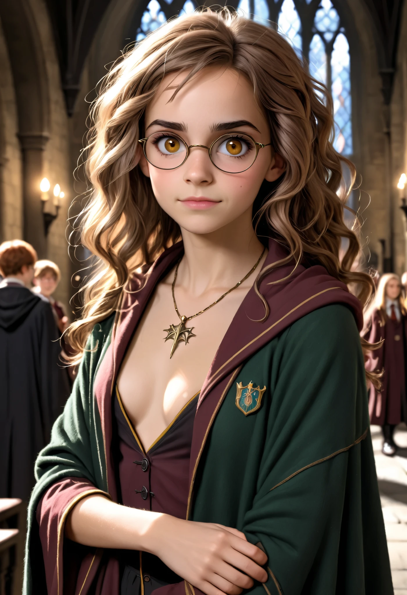 (masterpiece, best quality, amazing quality),  1girl, hermione granger, nerdy, timbougami, akabur, public, skinny, revealing clothes, hogwarts legacy, aged up, holding own arm, brown eyes, detailed face with soft features, expressive glowing eyes, depth of field