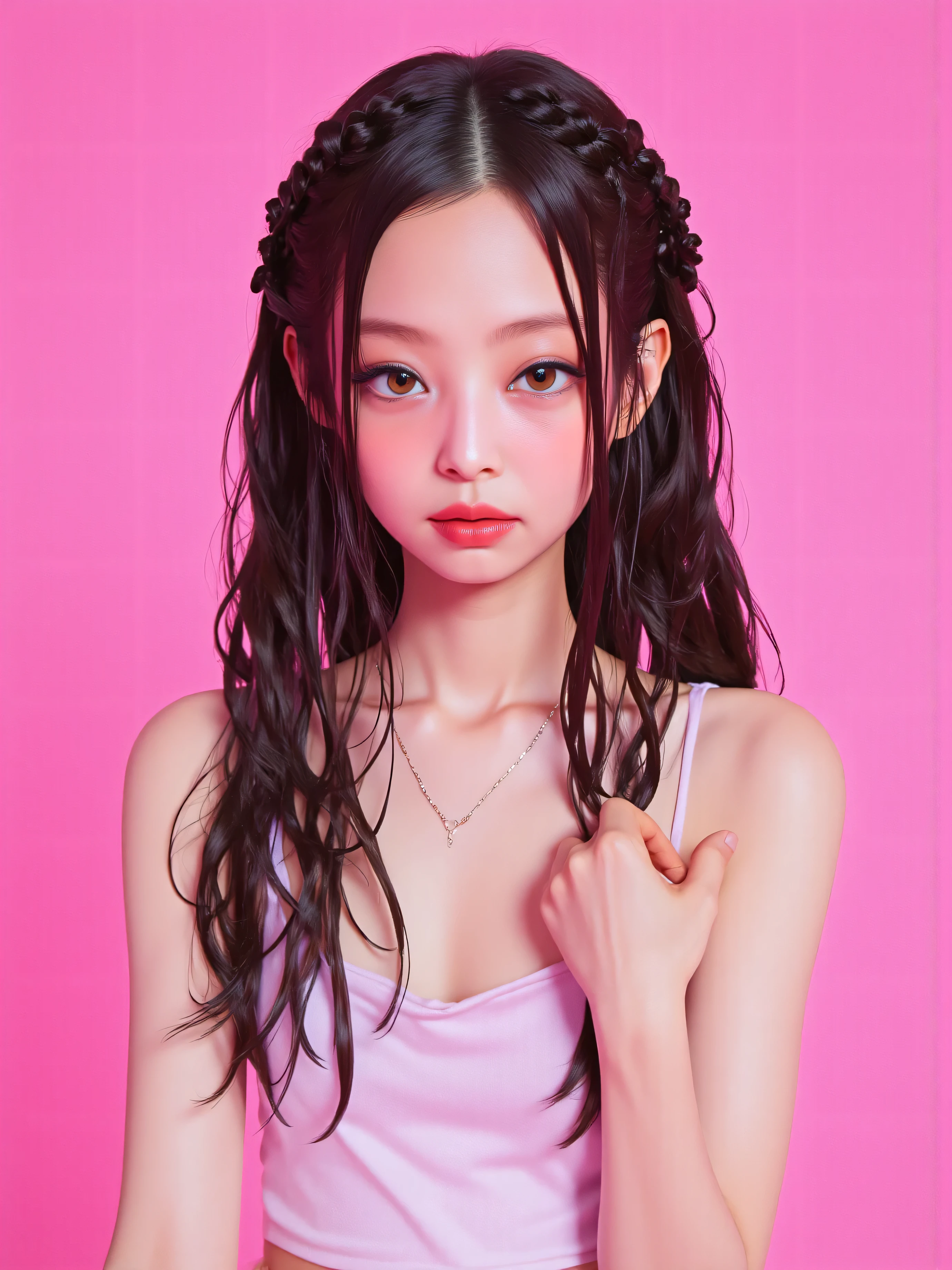 jennie kim, a pink girl with 1,60 tall, black braids in hair and a normal body Braids all over hair ,as if they had been placed But they are loose not attached