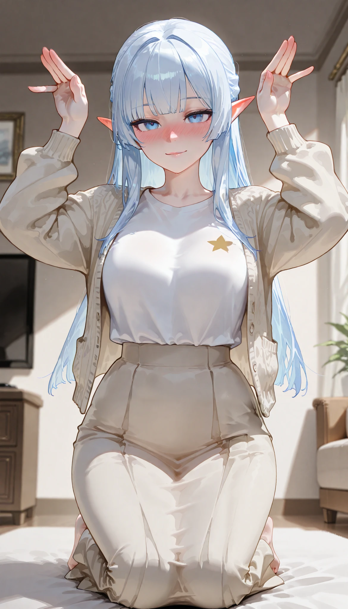 ( top quality), ( more), ( best picture ), (masterpiece), A beautiful and mature elf woman with a feminine body, perfect body ratio, very small hair , very small face, perfect anatomy , anatomically correct, Ideal Proportion Body Proportion, Is in perfect shape , perfect style, Perfect balance, Delicate Facial Features , beautiful detailed women , VERY DETAILED eyes and face , Half updo, Realistic Facials , realistic beautiful face, realistic beautiful eyes, pale white skin with a pink tint, Vivid blue eyes , Thin lips, (Gradient from white to blue hair, hime cut, medium long hair), Medium Bust , slender,(A tidy living room in a modern woman's stylish home.), charmed face, light smile, ( beige thin cardigan, white long-sleeved polar t-shirt , Beige long skirt ), full-face blush. very skinny body type. Kneeling. The viewpoint is the viewer. bunny pose.