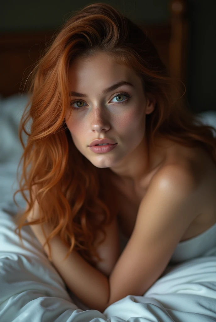 auburn hair girl with long straight brown hair, eyes with , without a cap lying on her back on a bed looking at the ceiling similar to Ariana Grenblaat. Red lighting in the room,skin texture,full body,from distance photoshoot,large breasts.