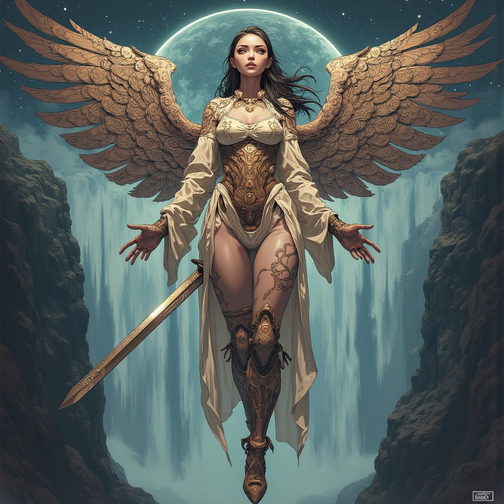 Angel woman descending with scythe, sweet and compassionate look, 