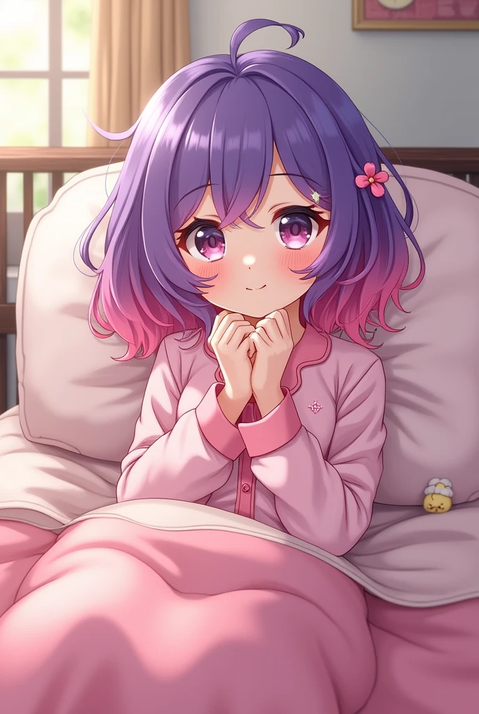 score_9,score_8_up,score_7_up,<lora:Expressive_H:1>,1girl,<lora:LenaPonyV1:0.75>,un,purple hair,short hair,twintails,short twintails,green eyes,two side up,ooking at viewer,(smile:0.6),pajamas,lying,indoors,bedroom,night,