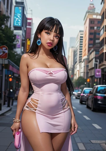 (Nude, missing clothing, side_view, waist chain:2) gorgeous sexy (Polynesian|Filipina|Asian woman, cum on face and hair and breasts),  shopping in crowded plaza street, long_hair, holding shopping bags, thicc thighs, hourglass_figure, narrow_waist, neon lights, hair light, side lighting, high heels 