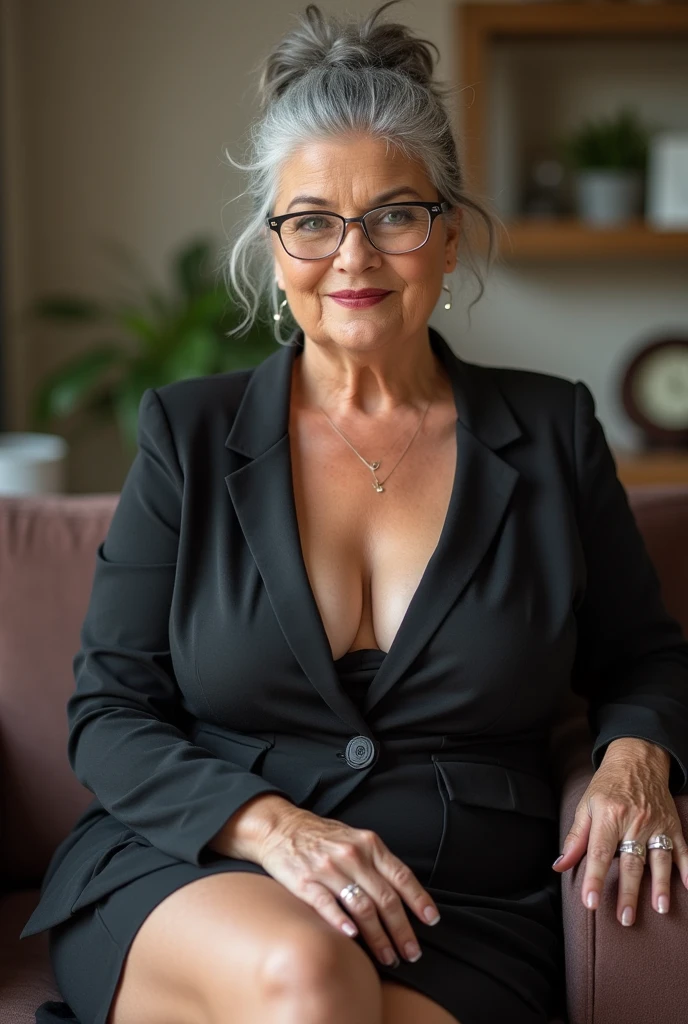 woman in a secretary outfit is in a house sitting on the couch in the living room, attractive woman in her 80s, short skirt, curvy, hot, voluminous body, cleavage, big breasts, approximately 80 years old, older elderly woman , messy grey ponytail, front image, looking for camera, posing, stunning, natural mature woman, medium size, natural six-pack, facing camera, looking at camera, bbw, chubby, seductive smile, glasses