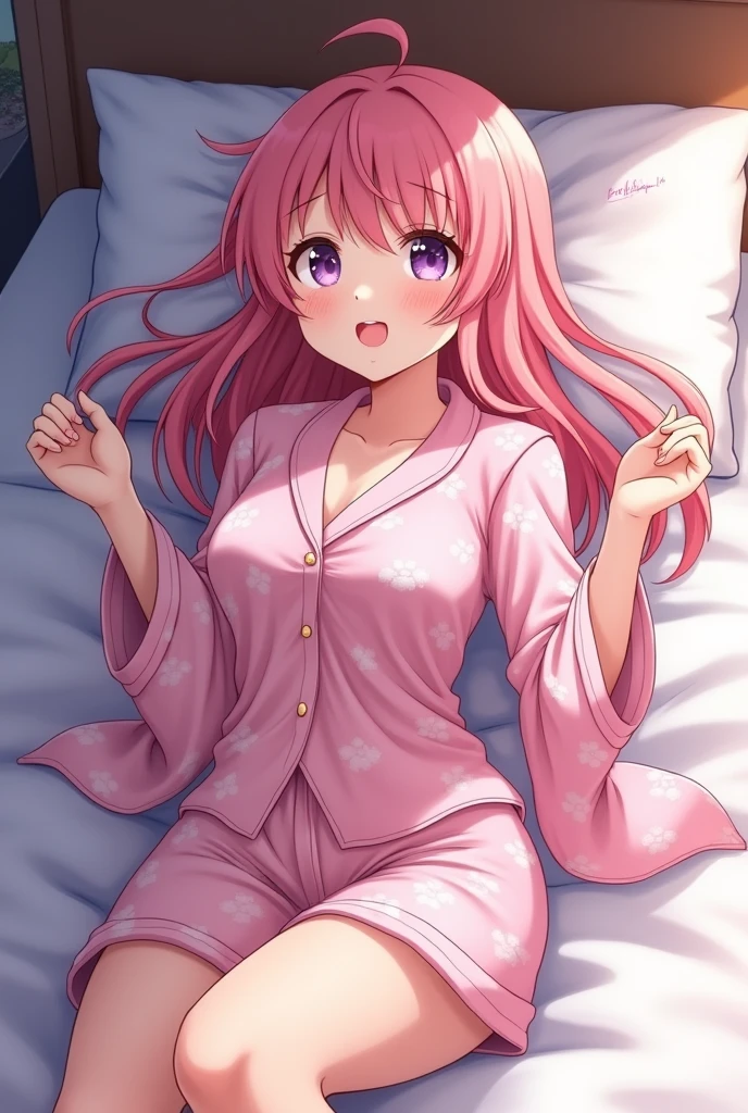 Masterpiece,best quality,Sakurauchi riko love live, yellow eyes,blush, breasts,love scene, love live,on bed,laying on side, looking at viewer, sleeping, pillow, pink pajamas , erotic figure 