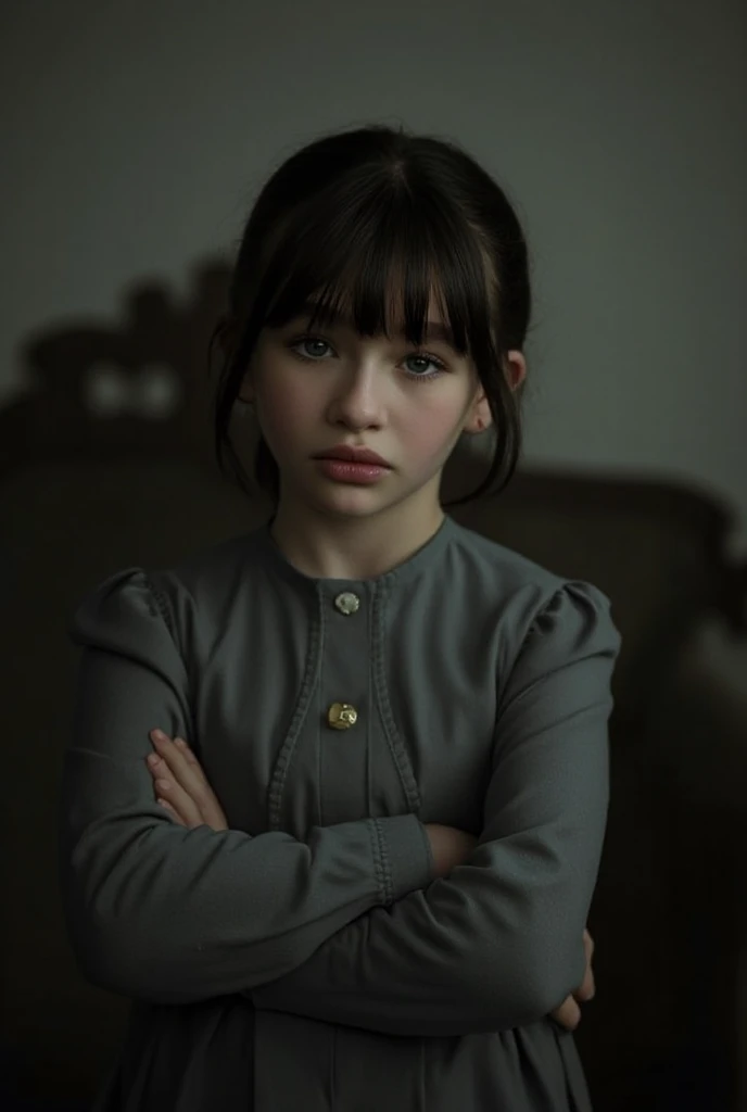 Menina com longos cabelos loiros escuros e uma gravata borboleta, nineteenth century, imagem realista de uma menina de 8 anos, young Victorian sad Italian girl late nineteenth century, Cinematografia deslumbrante e bem-humorada, foto retrato suave 8 k, imagem realista, Italy, 1900, 1887,