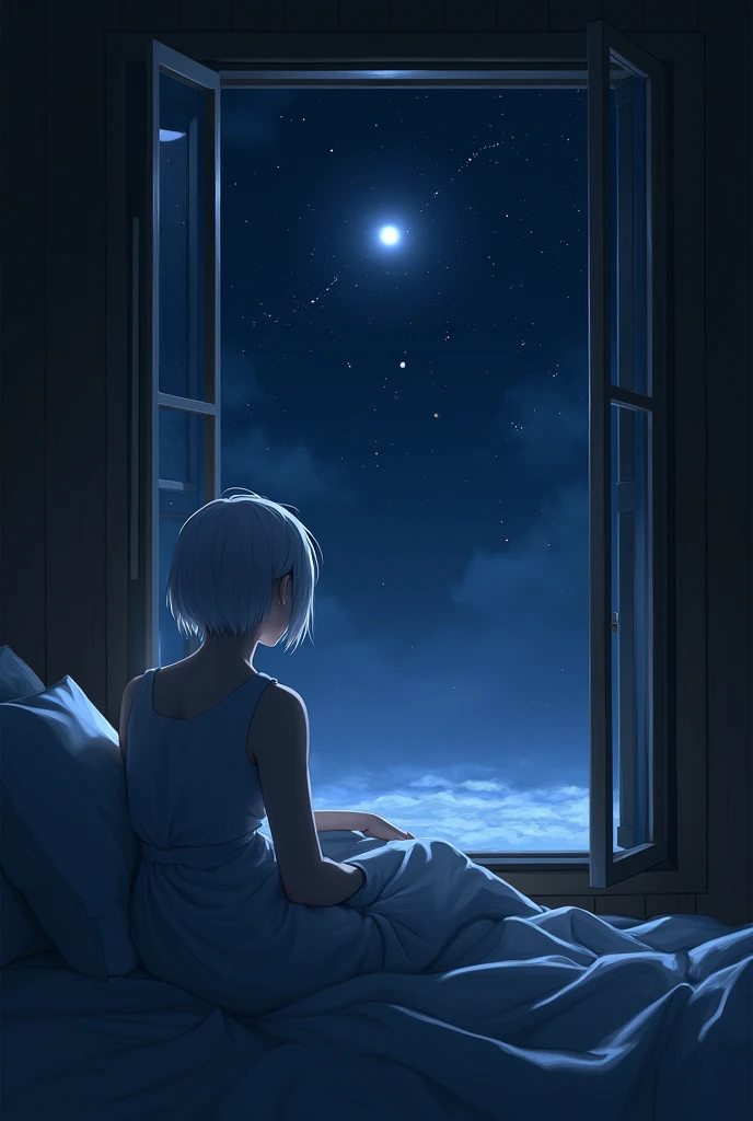 The scene where a house elder women turns her back and lock the door in the inside of room. Her back view of her wearing a nighty in the room. nighty with short slaves and open neck relax dress. The curtain should be closed the windows in the room and darkness should be depicted inside the night. The background should be bright and colorful, dynamic, anime art.