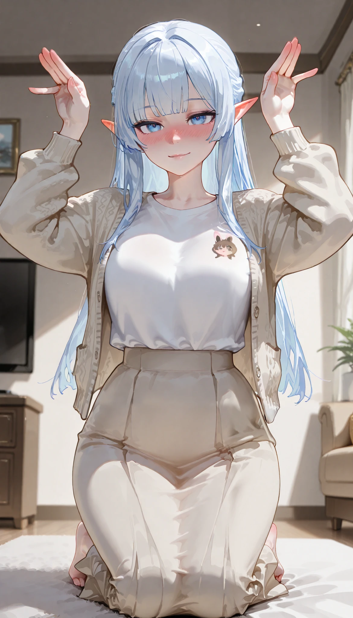 ( top quality), ( more), ( best picture ), (masterpiece), A beautiful and mature elf woman with a feminine body, perfect body ratio, very small hair , very small face, perfect anatomy , anatomically correct, Ideal Proportion Body Proportion, Is in perfect shape , perfect style, Perfect balance, Delicate Facial Features , beautiful detailed women , VERY DETAILED eyes and face , Half updo, Realistic Facials , realistic beautiful face, realistic beautiful eyes, pale white skin with a pink tint, Vivid blue eyes , Thin lips, (Gradient from white to blue hair, hime cut, medium long hair), Medium Bust , slender,(A tidy living room in a modern woman's stylish home.), charmed face, light smile, ( beige thin cardigan, white long-sleeved polar t-shirt , Beige long skirt ), full-face blush. very skinny body type. Kneeling. The viewpoint is the viewer. bunny pose.
