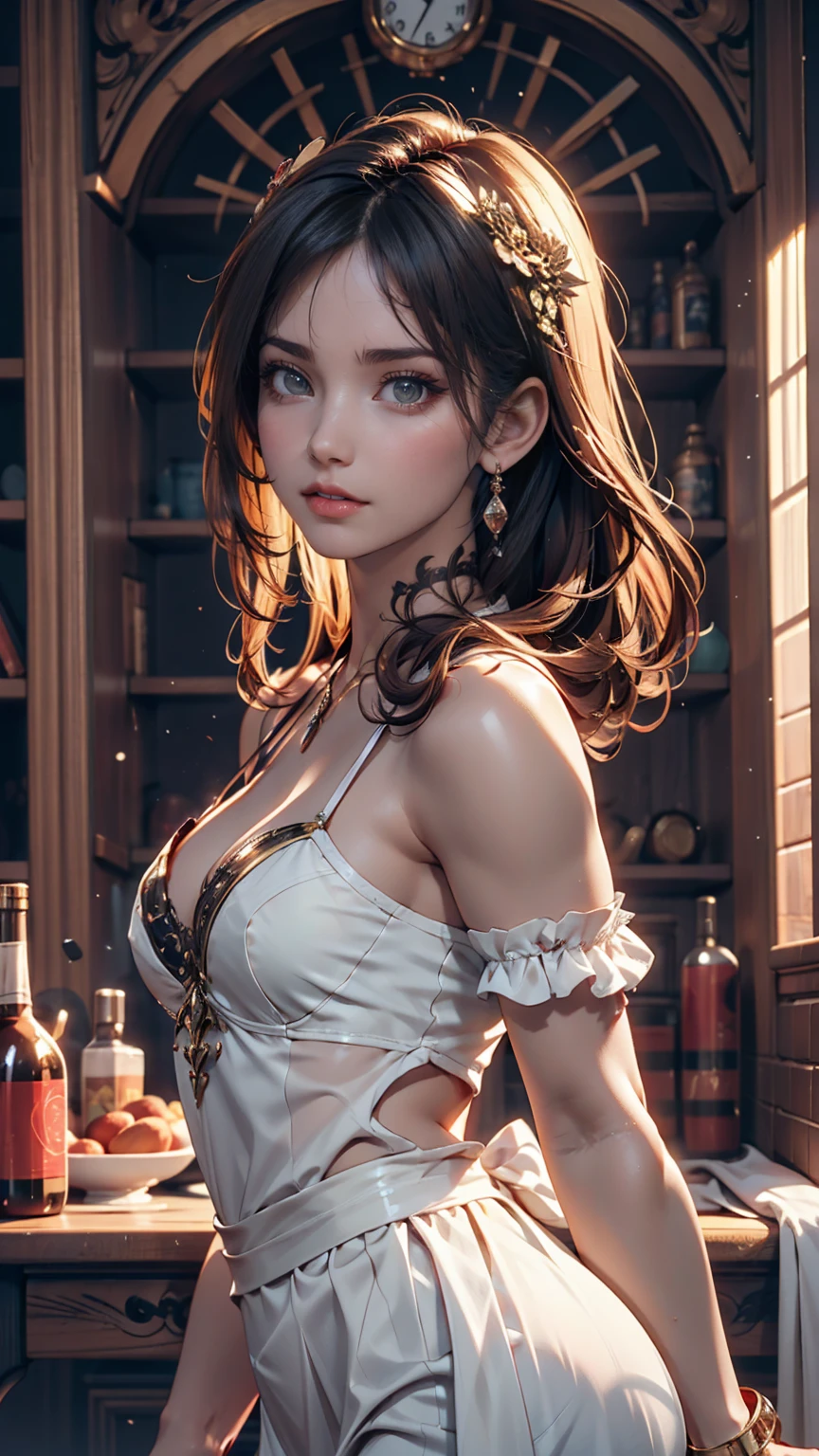 (Absurd, High resolution, Super detailed), One girl, Zodiac sign - Aries Goddess , alone, mature, Baroque, Long dress decorated with lace, Long sleeve, elegant, colorful, Most detailed, Upper Body , Sunset Hair . Eye of Fire . Brave, Selfish, Productive, The face of an enterprising humanitarian 、24-year-old woman、Sexy proportionature女体、Sexy proportionakeup、Lips with red lipstick、Textured skin((textured skin))、smile、Narrow waist