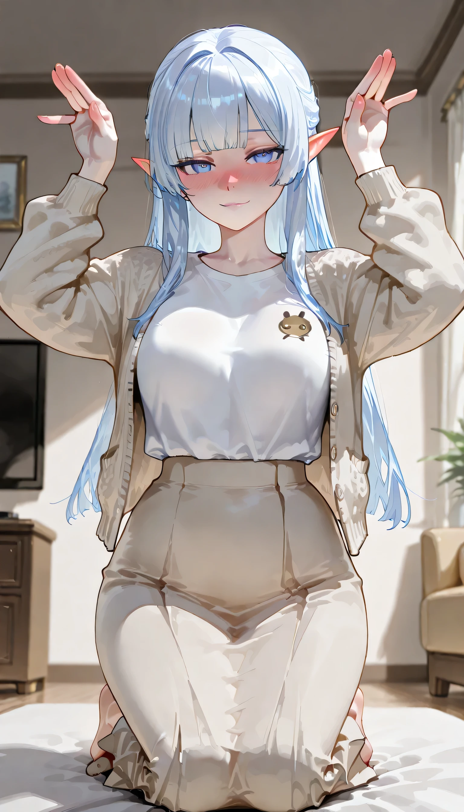 ( top quality), ( more), ( best picture ), (masterpiece), A beautiful and mature elf woman with a feminine body, perfect body ratio, very small hair , very small face, perfect anatomy , anatomically correct, Ideal Proportion Body Proportion, Is in perfect shape , perfect style, Perfect balance, Delicate Facial Features , beautiful detailed women , VERY DETAILED eyes and face , Half updo, Realistic Facials , realistic beautiful face, realistic beautiful eyes, pale white skin with a pink tint, Vivid blue eyes , Thin lips, (Gradient from white to blue hair, hime cut, medium long hair), Medium Bust , slender,(A tidy living room in a modern woman's stylish home.), charmed face, light smile, ( beige thin cardigan, white long-sleeved polar t-shirt , Beige long skirt ), full-face blush. very skinny body type. Kneeling. The viewpoint is the viewer. bunny pose.