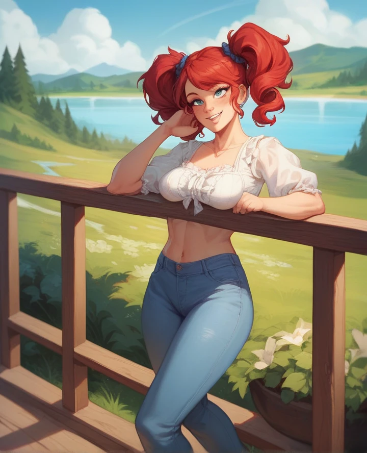 Beautiful round medium breasts, 1girl, ((red hair, Beautiful long braid, braid decorated with petals)) ((wolf girl, Fluffy wolf furry ears)) light green eyes, has an beautiful sensual body with freckles, with full breasts and thin waist, HIP HOP Cute Long black sweater, women's belt, cute latex shorts fabric delicate, has a bold appearance. young, quality, realistic, best quality, cute expression, pink lipstick lips, Cute smile, leaning, On the porch of the house, house in the forest