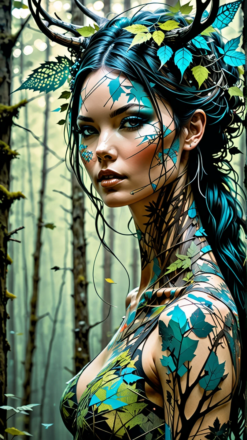 Capture the essence of a captivating female figure with black fur, radiating a sense of both beauty and terror. Set against the enchanting backdrop of the Alaska mountains beneath a full moon night, depict her amidst dry trees and undergrowth, with intricate details enhancing the scene's allure. Infuse the composition with the distinct art styles of notable artists like Greg Rutkowski, Daniel Castan, Carne Griffiths, Andreas Lie, Russ Mills, and Leonid Afremov. Against a black background, create a comic-book oil painting that harmonizes both the ferocity and elegance of nature, paying homage to the artistic influences mentioned. The goal to convey a visually compelling narrative that blends the mystique of the wild with the captivating allure of the female form.