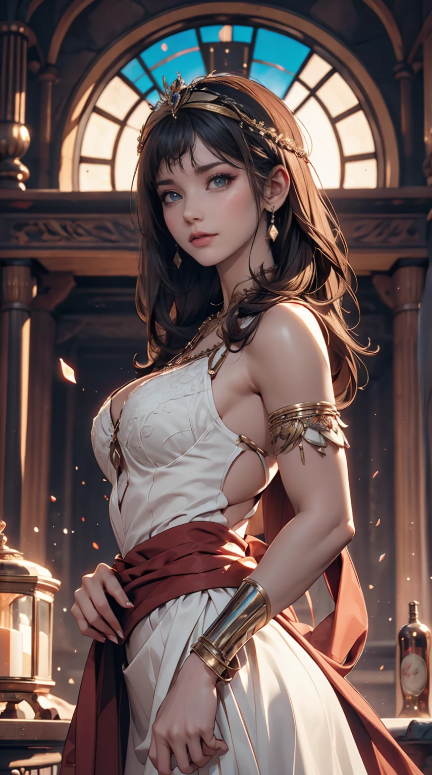 a woman dressed in a costume is standing on a platform dressed in clothes, 1girl, solo, sandals, jewelry, navel, bracelet, breasts, full body, midriff, brown hair, grey background