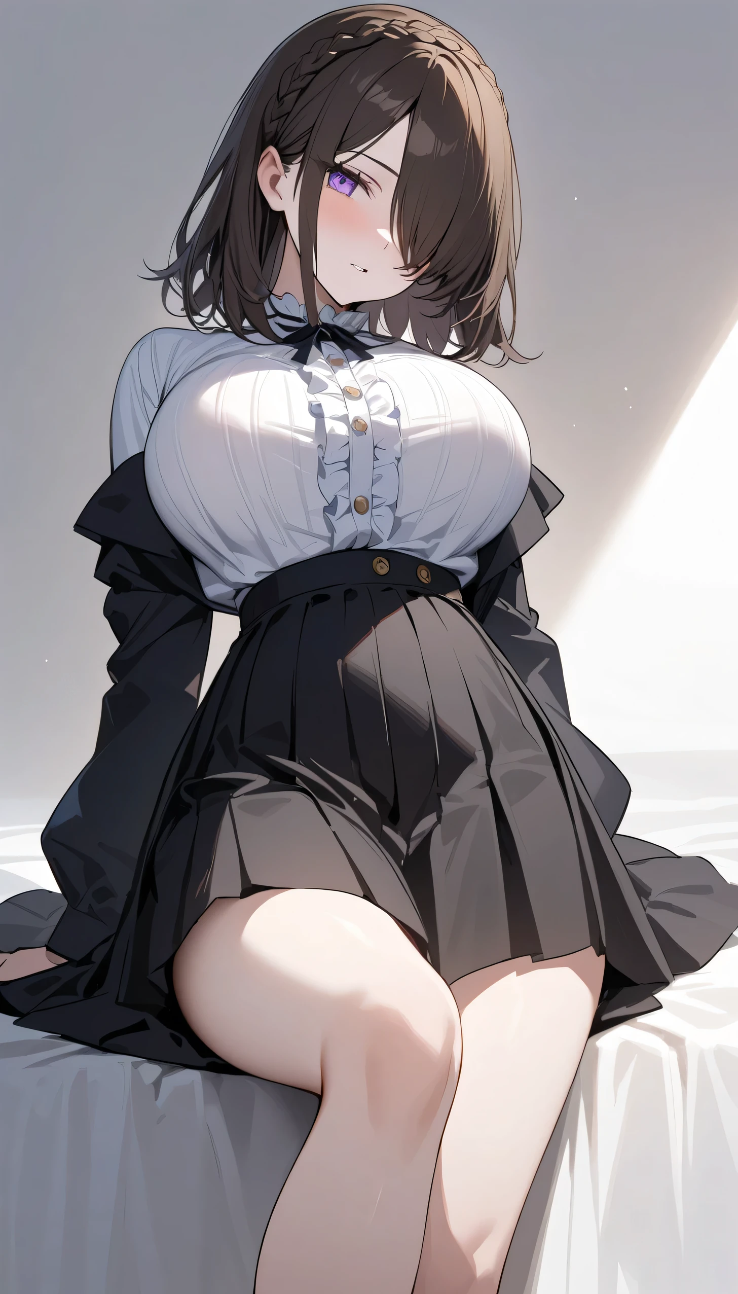 1 girl, glasses, angle from below, evil smile, (skirt lift:1.2), (slim body:1.2), (huge breasts:1.1), (slender legs:1.1), black hair, short hair, , white long sleeve shirt, pleated skirt, (black tights:1.1), black panties,