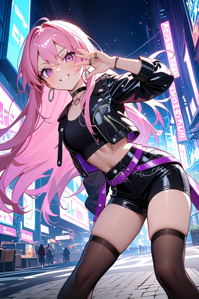 masterpiece, best quality, 1girl, solo, (black hair:1.3), (pink hair:1.2), narrow waist, (slim:1.2), (large breasts:1.2), slim thighs, straight hair, blunt bangs, french braid, (multicolored hair:1.5), (two-tone hair:1.2), (gradient hair:1.3), multicolored eyes, standing, long hair, looking at viewer, blush, tall female, choker, multiple necklaces, wristband, thigh strap, (eyeliner:1.2), eyeshadow, (street:1.2), outdoors, upper body, (black camisole:1.3), navel, midriff, cleavage, curvy, (sportswear:0.5), (floating long hair:1.1), (black panties:1.9), earrings, piercing, smile, bare legs, (blue hair:1.3), (pink hair:1.3),