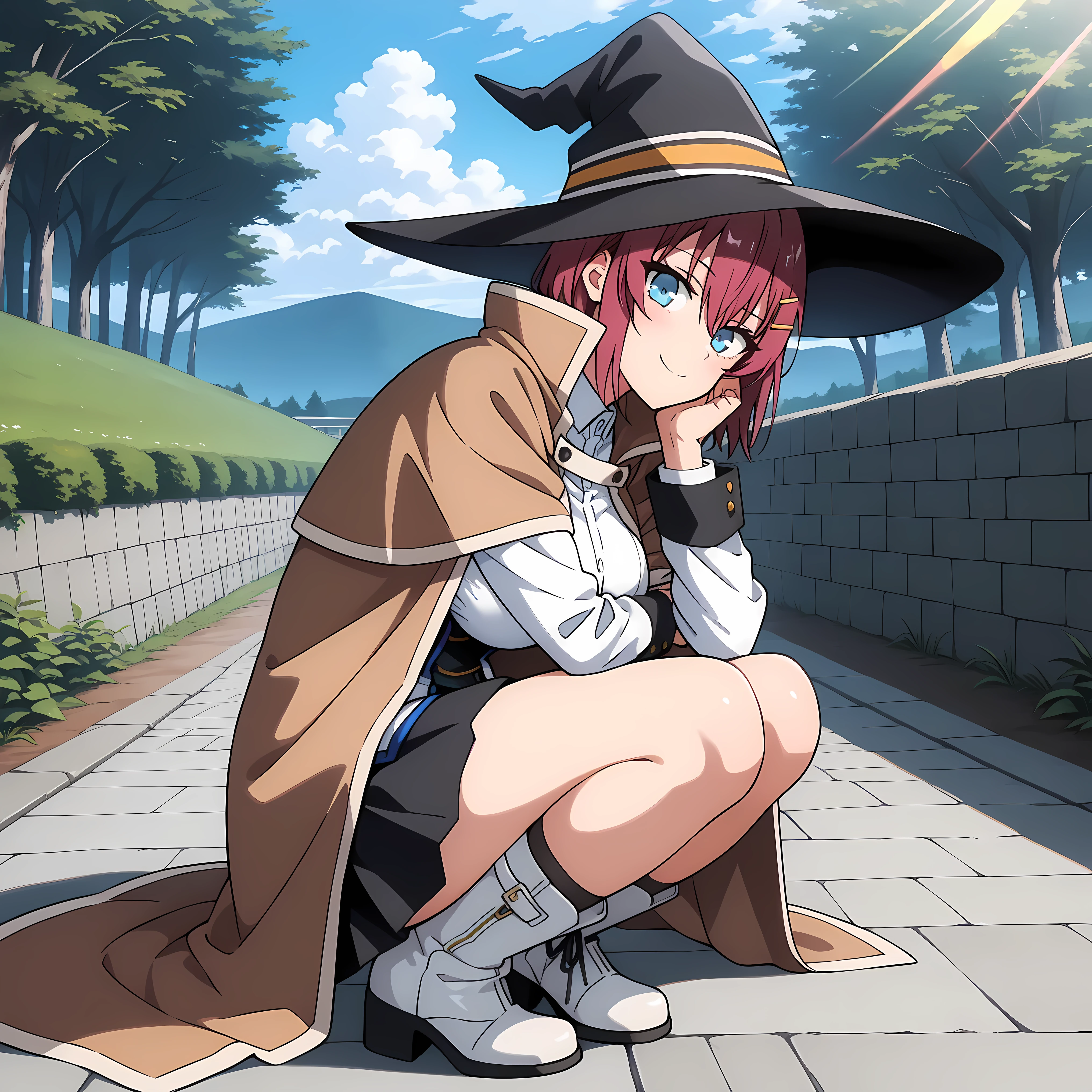 masterpiece, best quality, amazing quality, very aesthetic, absurdres, newest, scenery,highly detailed,high-resolution, {{Increase saturation:1.2、Highly colored}} looking at viewer,smile, solo, AkaneNanao,1girl,red hair,short hair,hairclip,blue eyes, Medium breasts,
black headwear, witch hat, brown cape, brown cloak, white jacket, long sleeves, white shirt, collared shirt, black skirt, white footwear, boots,