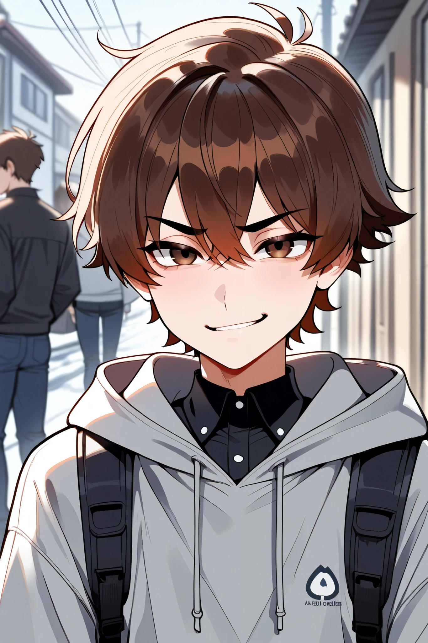 1boy, boy, with tousled, wavy dark brown hair that falls naturally around his face, slightly messy but effortlessly cool. His deep brown eyes have a sharp, confident gaze, framed by thick lashes and expressive eyebrows that give him a mix of intensity and charm. His warm brown-toned skin contrasts with the cool gray hoodie he wears—slightly oversized, with soft folds that add to his laid-back style. Beneath the hoodie, a sleek black high-collared undershirt gives him a more tactical or streetwear-inspired edge. His expression carries a faint smirk, as if he's always one step ahead, exuding an air of quiet confidence. He stands relaxed but alert, ready for action or mischief, with a natural charisma that makes him stand out in any crowd