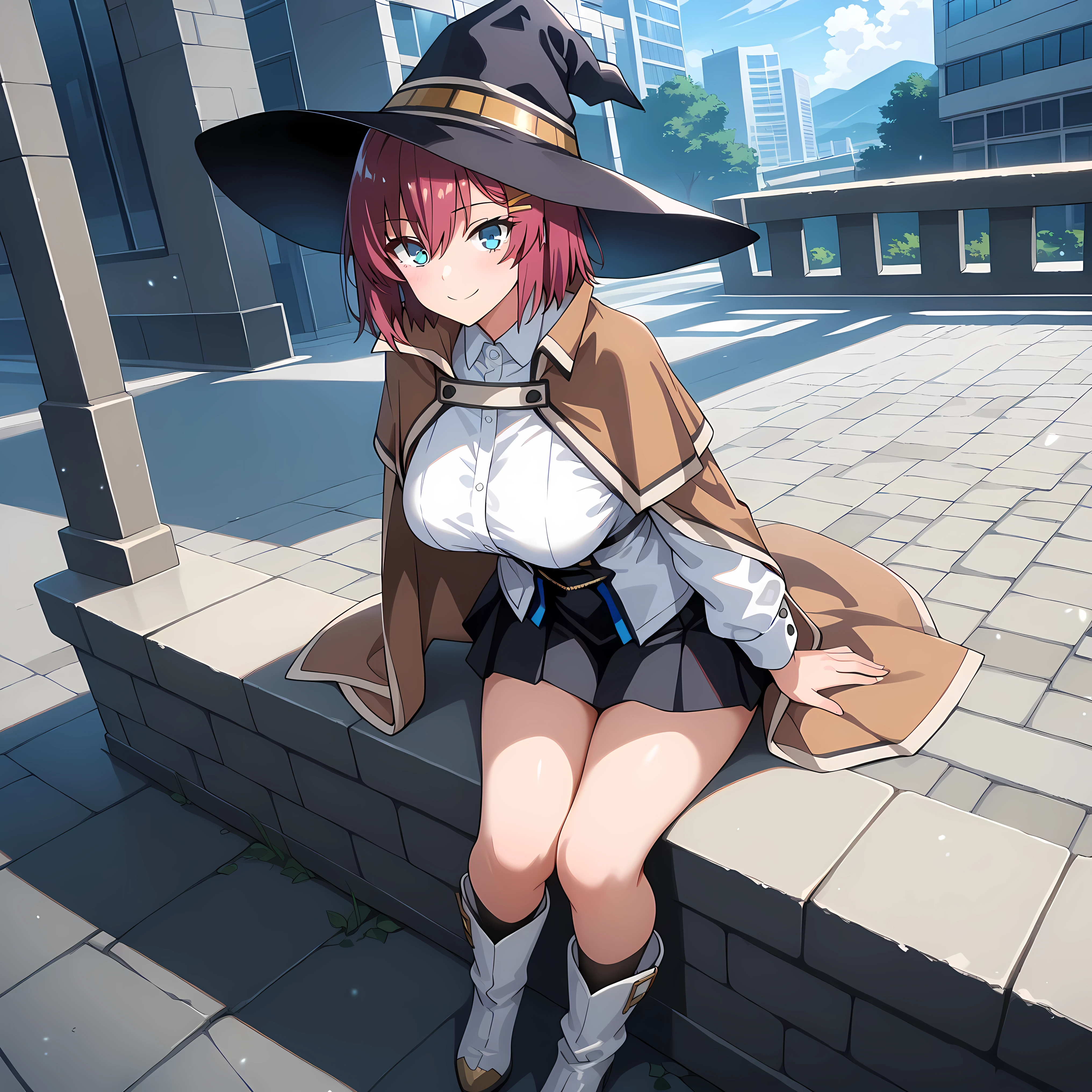 masterpiece, best quality, amazing quality, very aesthetic, absurdres, newest, scenery,highly detailed,high-resolution, {{Increase saturation:1.2、Highly colored}} looking at viewer,smile, solo, AkaneNanao,1girl,red hair,short hair,hairclip,blue eyes, Medium breasts,
black headwear, witch hat, brown cape, brown cloak, white jacket, long sleeves, white shirt, collared shirt, black skirt, white footwear, boots,