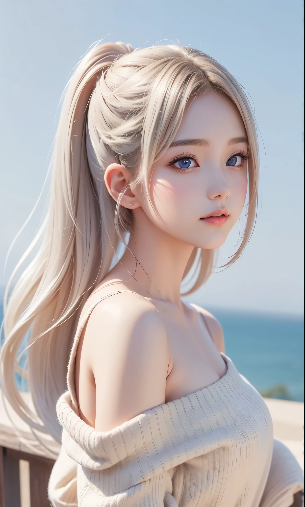 There is a woman in a white dress, artwork in the style of Gwaiz, Gwaiz on pixiv artstation, Gwaiz on artstation pixiv, Gwaiz, Fantasy art style, Gwaiz masterpiece, Beautiful and elegant queen, Beautiful character drawings, Detailed digital anime art, Blonde Princess, Gray Hair, Sky blue eyes, Pink Lips, off shoulder sweater, cool girl face, beautiful eyes, face type, reika, ((From side)), Tilt her head