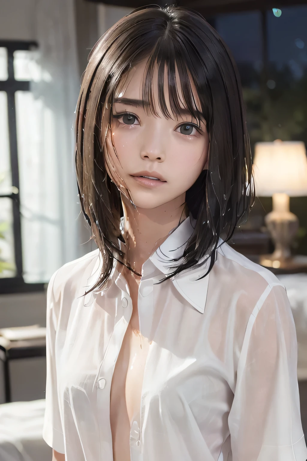 (8k, RAW photo, photorealistic:1.25), (looking at viewer, Messy, disheveled wet Hair, wet short hair:1.8), (lip gloss, eyelashes, Shiny surface, Glossy Skin, best quality, ultra highres, allows depth of field, Color Difference , caustics, blow lighting , Natural Shading, kpop idol), (cleavage, flat chest, naked white shirt, nude, short sleeve shirt, Unbuttoned shirt:1.7), crying, tears, tearing, sadness, (dark background, indoor, dark bedroom, night view:1.4)