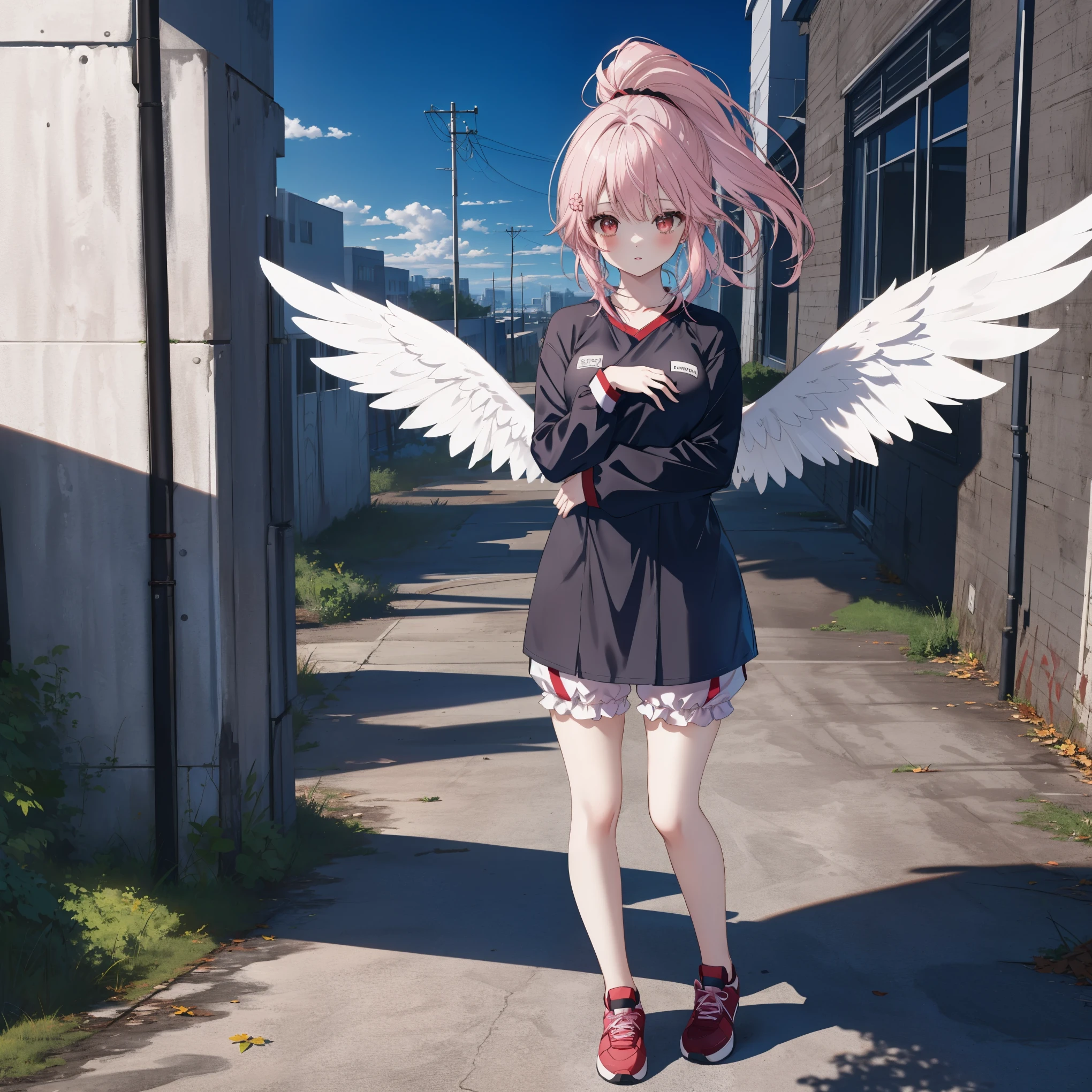 High image quality, masterpiece, best quality,
delicate hair, delicate eyes,
(pale pink hair, ponytail), (small breasts), (red eyes, angel wings)),
full body depiction,
((a pale-pink-themed angelic girl hugging a sniper rifle as tall as herself)),
((wearing a gym uniform with bloomers under a gray robe)),
on the rooftop of an abandoned building at night,
intense shadows, ruins, ultra-detailed, photorealistic, HD