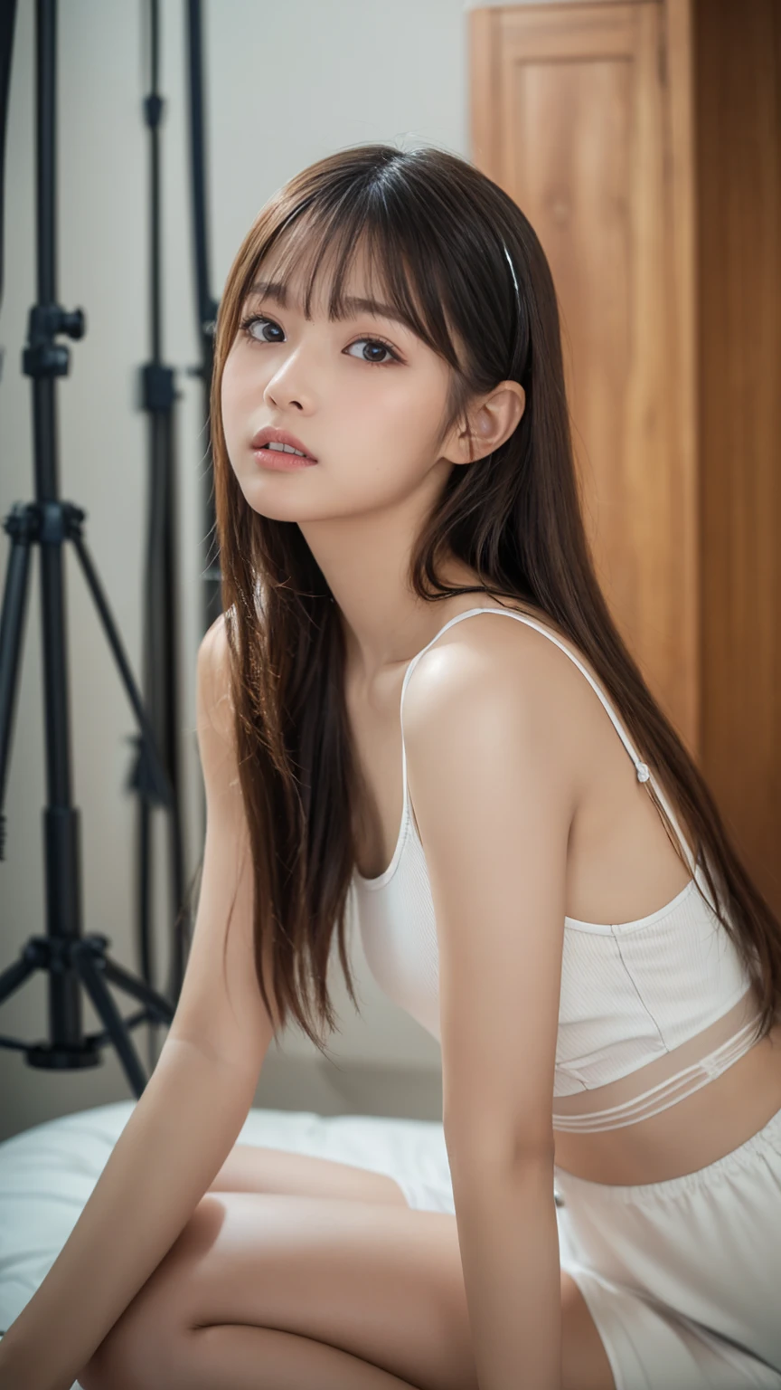 She is wearing a dress. The high-resolution image captures ultra-detailed realism and highlights Athena's seductive eyes, long eyelashes, and smooth skin. She plays the piano.