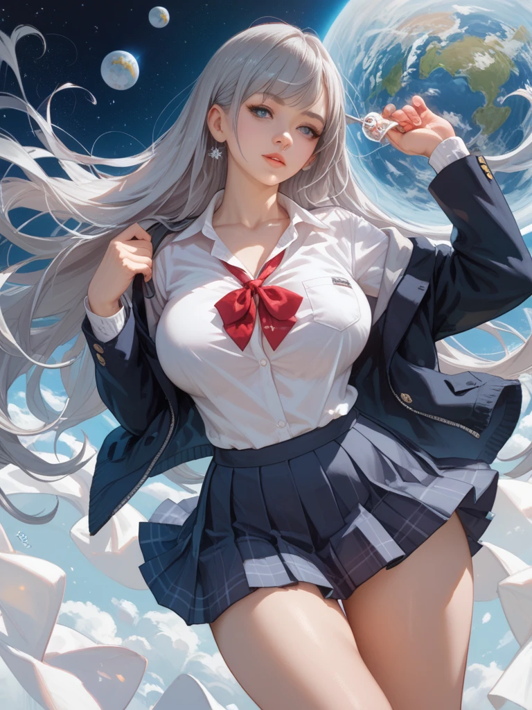 Blonde gray hair, Straight hair, Spread hair, Long hair, PUPILS SPARKLING, long eyelashes, Blue eyes, makeup, Smile, Color Field Painting, Contemporary art,double whirlwind pattern design garment，Iris heterochromatic pupil，((girl with silver ponytail))((off-shoulder white sailor uniform))，((red necktie))、((Navy blue detailed flared miniskirt))((Black stockings))((Black High Heels))、Wallpaper HD of,off shoulders、((erectile nipple))、(Puffy eyes:1.２)、 (Slim legs),(Light shines on the face and chest)、(((((underboob)))))、Lower breast、Oily skin、skinny、 (the underside of the chest is slightly visible),(Visible lower milk、I can see your belly button and ribs)、Hip bones and lower abdomen are visible、Dark blue flared skirt、(lift up skirt）,((White T-back panties visible)),((Milky Way galaxy in the background))、 Northern Renaissance, Blurred, blending, From below, From Side, the panorama, ultra wide-angle, Wide Angle, F/1.8, 135 mm, canon, nffsw, retinas, masutepiece, Elaborate, Anatomically correct, Skin Texture, Super Detail, high detailing, High quality, hight resolution, 1080p, hard disk, 4K, 8K, of the highest quality,  Sexy Pose , ((cheer girl)), serafuku, Japanese school sailor uniform, darkblue pleated skirt:1.27), (From below, White thong, 1.24),(top-quality)、 (​masterpiece)、(Professional lighting with fewer shadows)、 (A hyper-realistic)、 (perfect anatomia)、 (In front of the camera、There are two women、Bangs and forehead、And moles under the eyes), (Bright and even whitening skin without wrinkles and steps:1.5), (Beautiful blue eyes with long eyelashes and red tear bags:1.5), (Two people proudly sticking out their chests in front of the camera.:1.2), (Another person on the other side、Turned back with arched hips)、