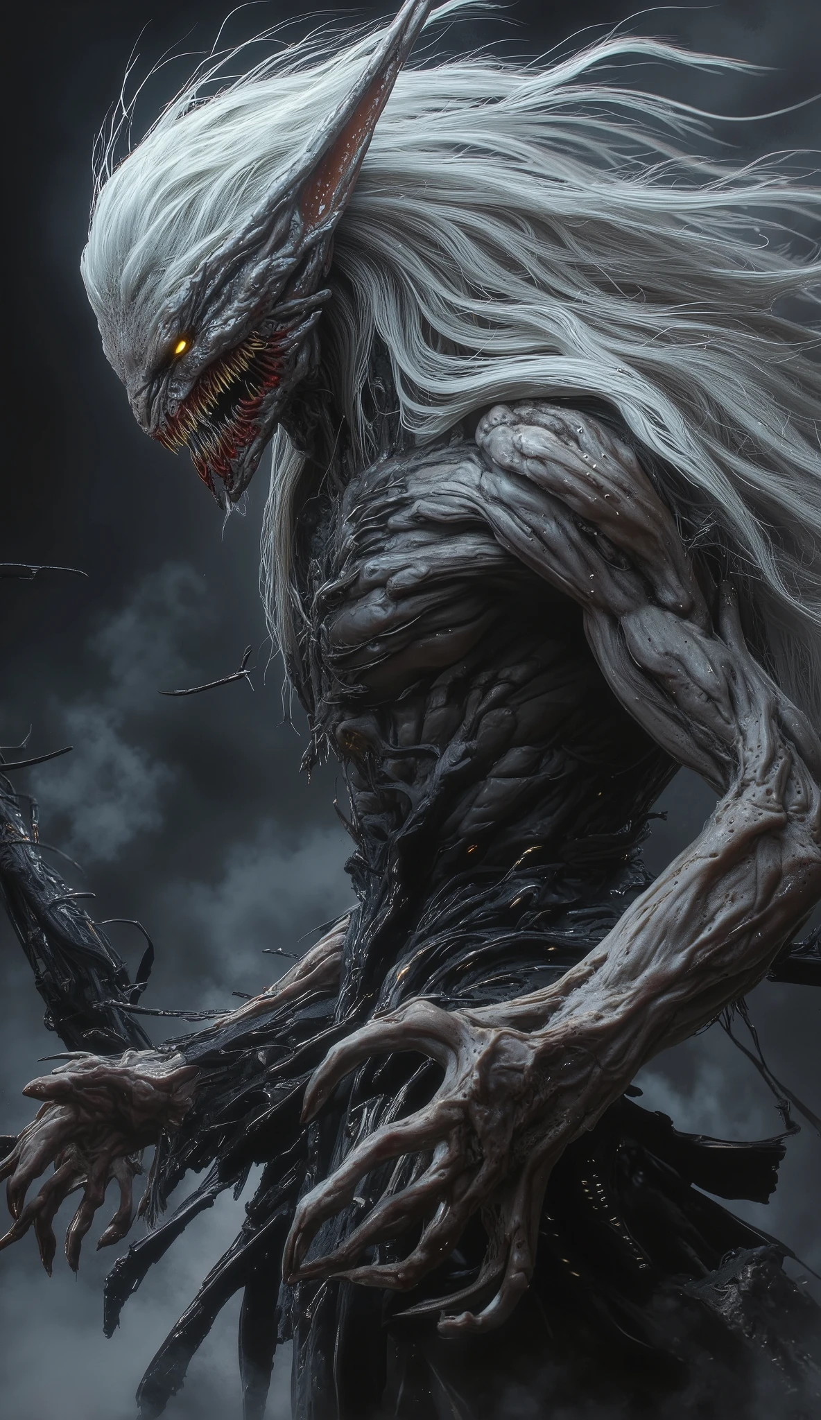 (best quality, 128k,highres,masterpiece:1.2),ultra-detailed,(realistic,photorealistic,photo-realistic:1.37), ((masterpiece)) ((photography)) ((Highest quality)) A hyper-realistic dark fantasy illustration of a terrifying humanoid beast with pale, almost ghostly white skin. The creature has long, wild, and unkempt white hair flowing in the wind, with sharp, elongated ears and glowing yellow eyes filled with primal fury. Its face is twisted in a ferocious snarl, revealing long, razor-sharp fangs dripping with saliva. The monster’s muscular and sinewy body is covered in subtle scars, emphasizing its savage nature. Its clawed hands are outstretched, ready to pounce, while tattered remnants of clothing barely cover its lower body. The background is a swirling mist, adding an eerie, supernatural ambiance, as if the beast emerged from a nightmare. The lighting is dramatic, casting deep shadows that accentuate the creature’s menacing presence.