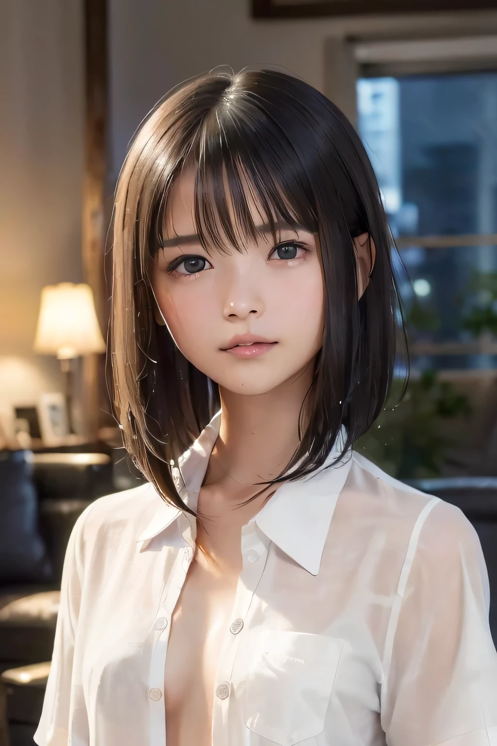 (8k, RAW photo, photorealistic:1.25), (looking at viewer, Messy, disheveled wet Hair, wet short hair:1.8), (lip gloss, eyelashes, Shiny surface, Glossy Skin, best quality, ultra highres, allows depth of field, Color Difference , caustics, blow lighting , Natural Shading, kpop idol), (cleavage, flat chest, naked white shirt, nude, short sleeve shirt, Unbuttoned shirt:1.7), crying, tears, tearing, sadness, (dark background, indoor, dark livingroom, night view:1.4)