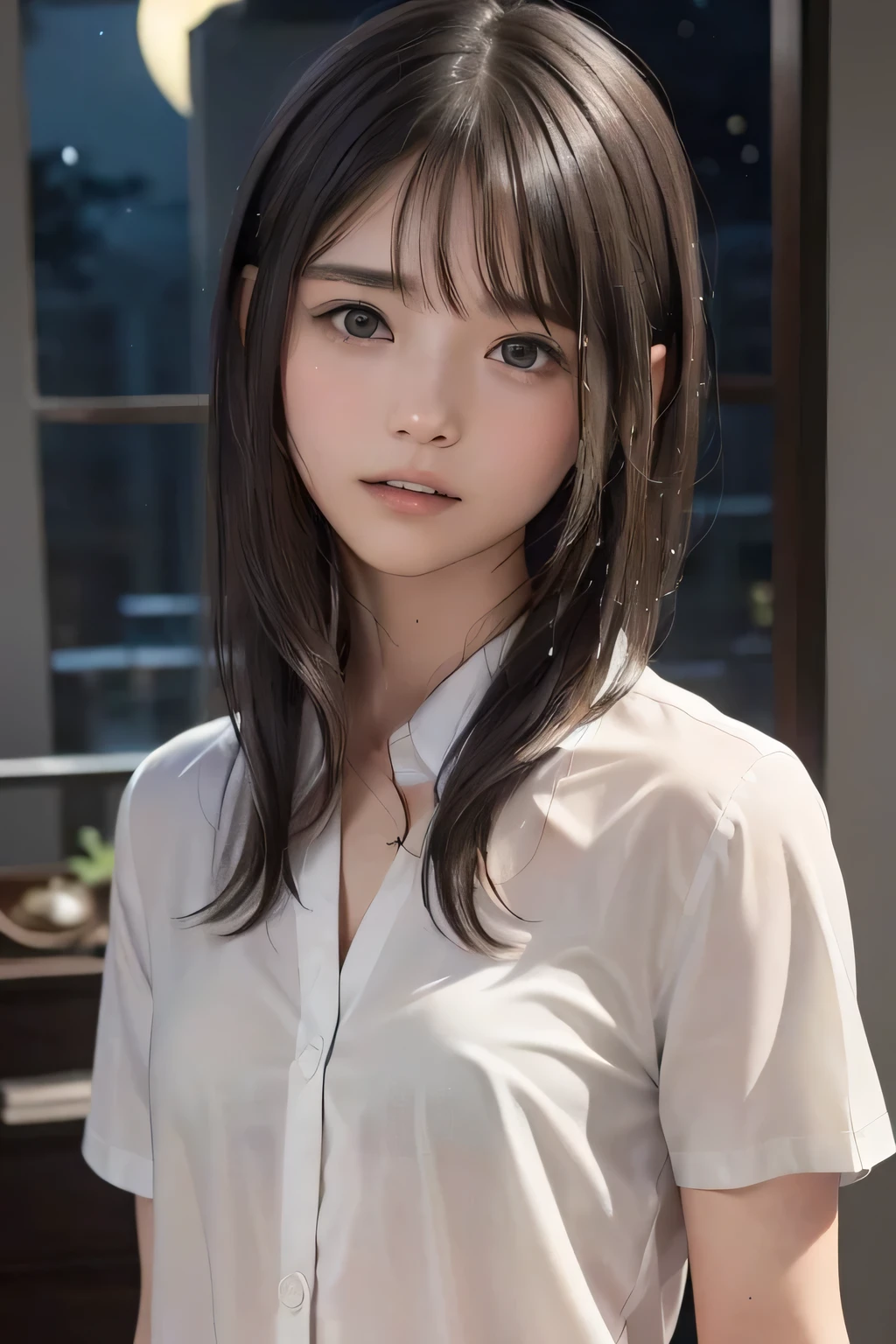 (8k, RAW photo, photorealistic:1.25), (looking at viewer, Messy, disheveled wet Hair, wet short hair:1.8), (lip gloss, eyelashes, Shiny surface, Glossy Skin, best quality, ultra highres, allows depth of field, Color Difference , caustics, blow lighting , Natural Shading, kpop idol), (cleavage, flat chest, naked white shirt, nude, short sleeve shirt, Unbuttoned shirt:1.7), crying, tears, tearing, sadness, (dark background, indoor, dark bedroom, night view:1.4)