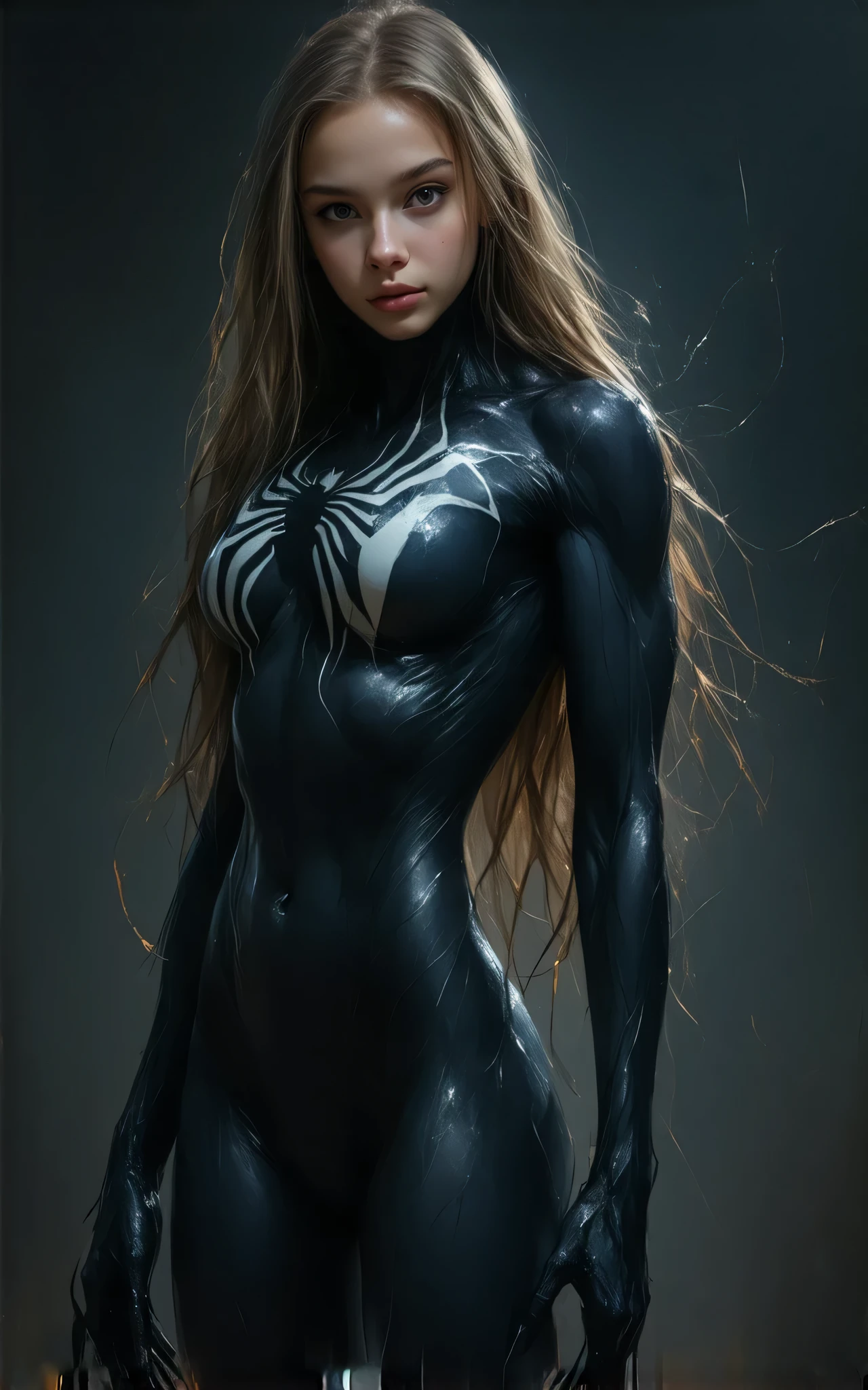 Obra-prima, 8k, realista, good ilumination, terno preto do homem aranha venom com aranha branca no peito, loira))), cabelo comprido, sem corte, rosto bonito, chuva, telhado, obra-prima, detalhes trincados, anatomia perfeita, (((Swinging in the web)))(camel-toe, Vulvar shape:1.2),Full body tights