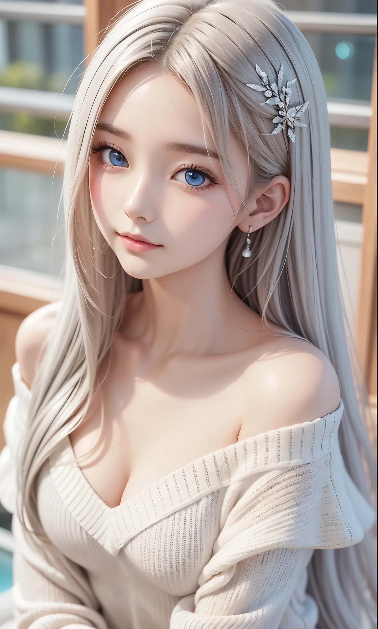 There is a woman in a white dress, artwork in the style of Gwaiz, Gwaiz on pixiv artstation, Gwaiz on artstation pixiv, Gwaiz, Fantasy art style, Gwaiz masterpiece, Beautiful and elegant queen, Beautiful character drawings, Detailed digital anime art, Blonde Princess, Gray Hair, Sky blue eyes, Pink Lips, off shoulder sweater, cool girl face, beautiful eyes, face type, reika, Tilt her head
