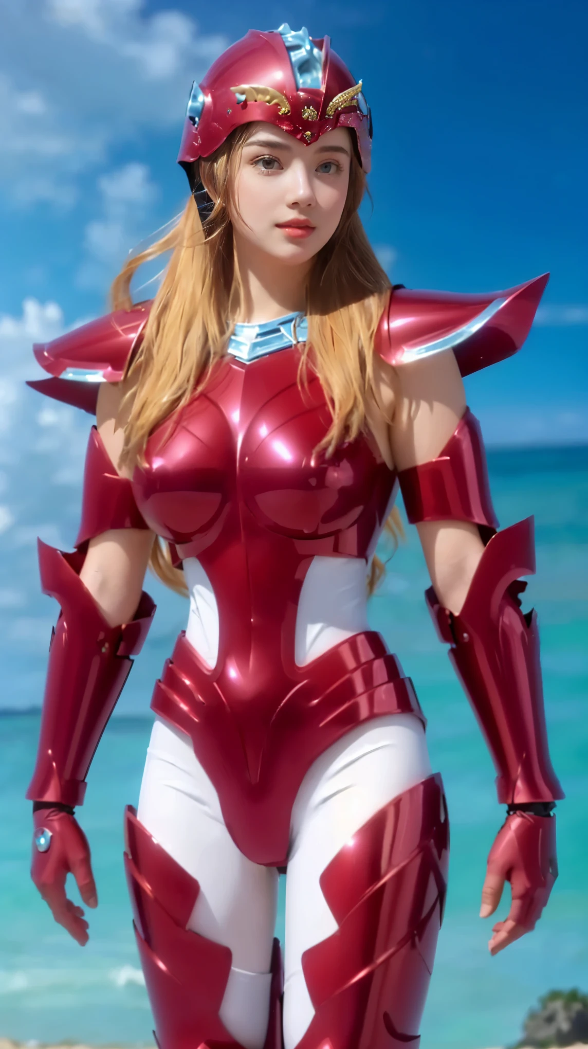 a woman wearing shiny red armor and a white bodysuit on the beach, armor Mermaid Tethys, Adorable, Charming, Beautiful, German woman, baby face, (Colossal Big Breasts), thin lips, shiny pink lips. 30 Years, Fair Skin, Facing Front, Portrait, Wind, ((Muscle:1.1)), Long Bangs, Blue Eyes, ((day:1.3)), Standing, HDR, Ultra Detail, EF 24-70mm f/2.8L II USM. a woman in shiny red armor and a white bodysuit stands on the beach, ((Mermaid Tethys armor)), a zodiac knight girl, a female knight in a bikini armor, a portrait of a zodiac knight girl, shiny armor, red armor and white bodysuit, a girl in Saint Seiya armor, helmet. The engravings on the armor are very detailed and realistic.