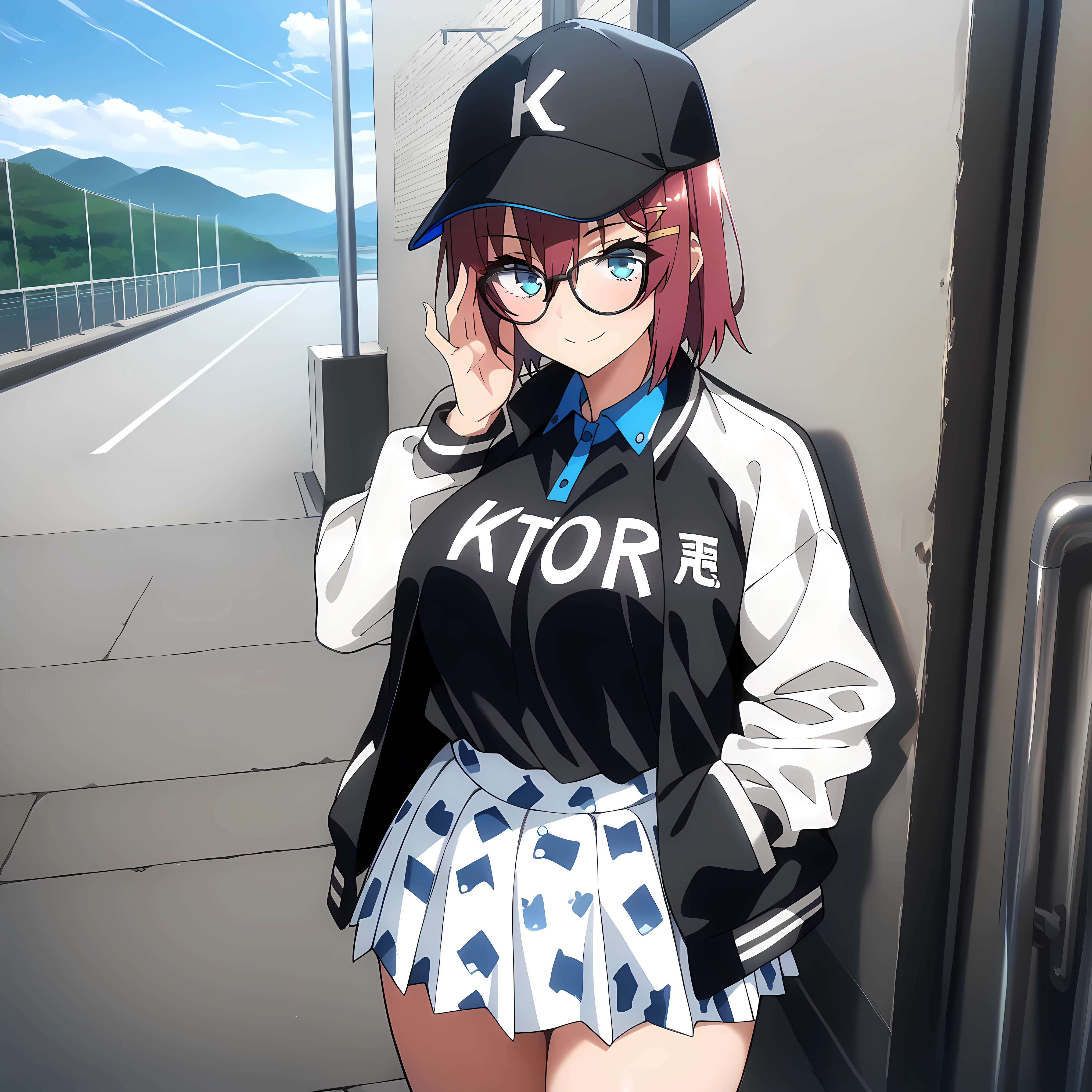 masterpiece, best quality, amazing quality, very aesthetic, absurdres, newest, scenery,highly detailed,high-resolution, {{Increase saturation:1.2、Highly colored}} looking at viewer,smile, solo, AkaneNanao,1girl,red hair,short hair,hairclip,blue eyes, Medium breasts,
baseball cap, black headwear, glasses, black-framed eyewear, black jacket, open jacket, two-tone jacket, white sleeves, long sleeves, black shirt, collared shirt, blue collar, two-tone shirt, white skirt, miniskirt, pleated skirt, print skirt, miniskirt
