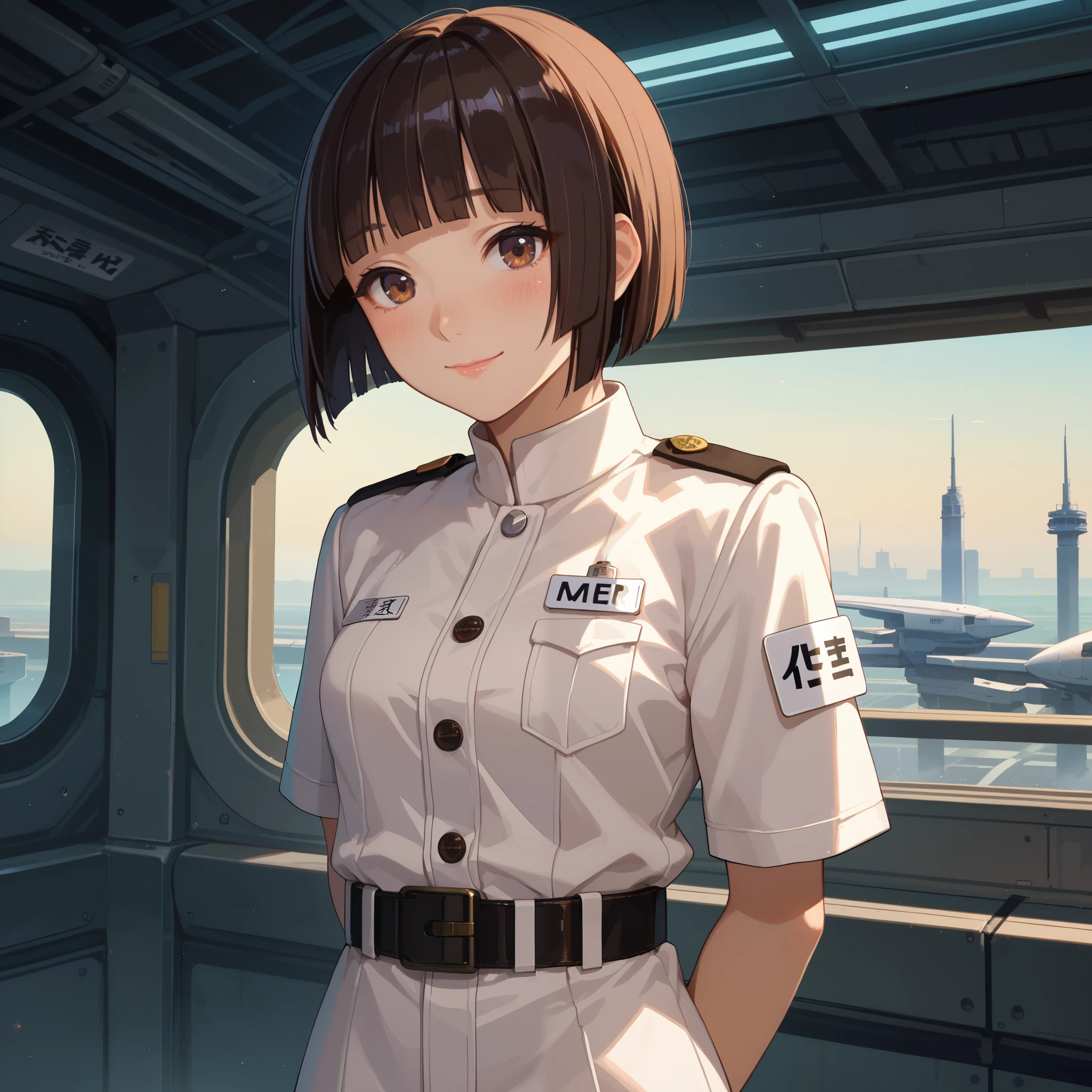 score_9, score_8_up, score_7_up, hoshijiro-shizuka, (1girl, solo), (black short hair, bob cut, blunt bangs), brown eyes, (white uniform, name tag, belt), both arms behind back, (smile, blush), looking at viewer, standing in the spaceship