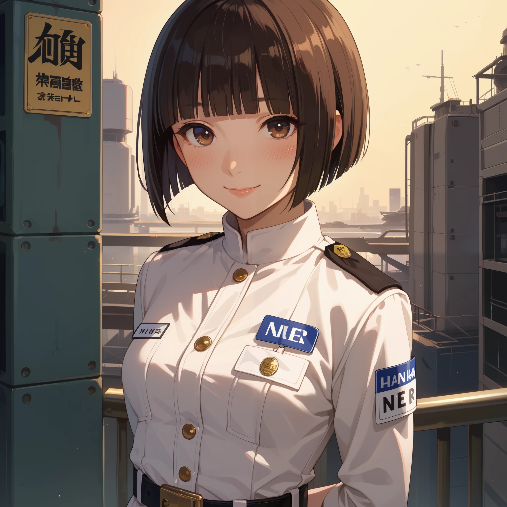 score_9, score_8_up, score_7_up, hoshijiro-shizuka, (1girl, solo), (black short hair, bob cut, blunt bangs), brown eyes, (white uniform, name tag, belt), both arms behind back, (smile, blush), looking at viewer, standing in the spaceship