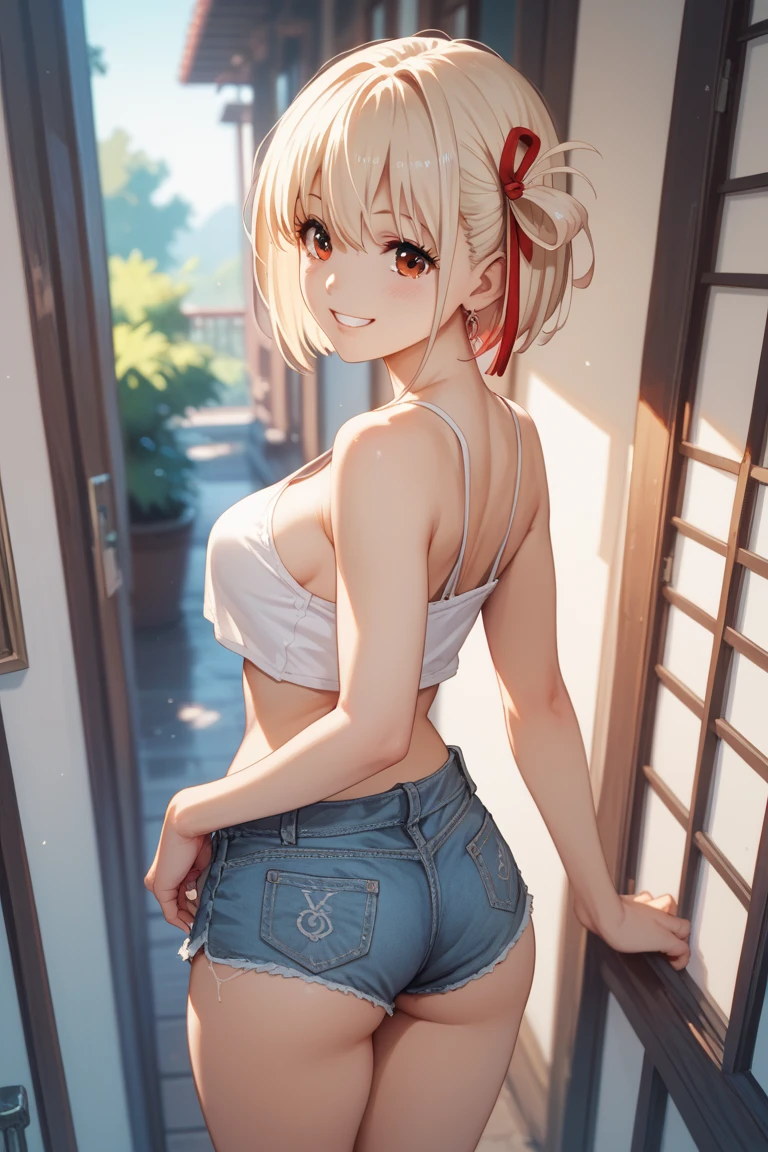 (obra maestra, La mejor calidad), (only 1 girl:  (con cabello rosado), face symmetrical, cuerpo perfecto, (sujetador deportivo color rosa franjas verticales blancas)), (shorts de mezclilla), dormitorio, muslos rayados, Rear solar lighting, Detalles intrincados, ((pose de frente y coqueta)), image with professional Canon EOS camera and 50mm lens