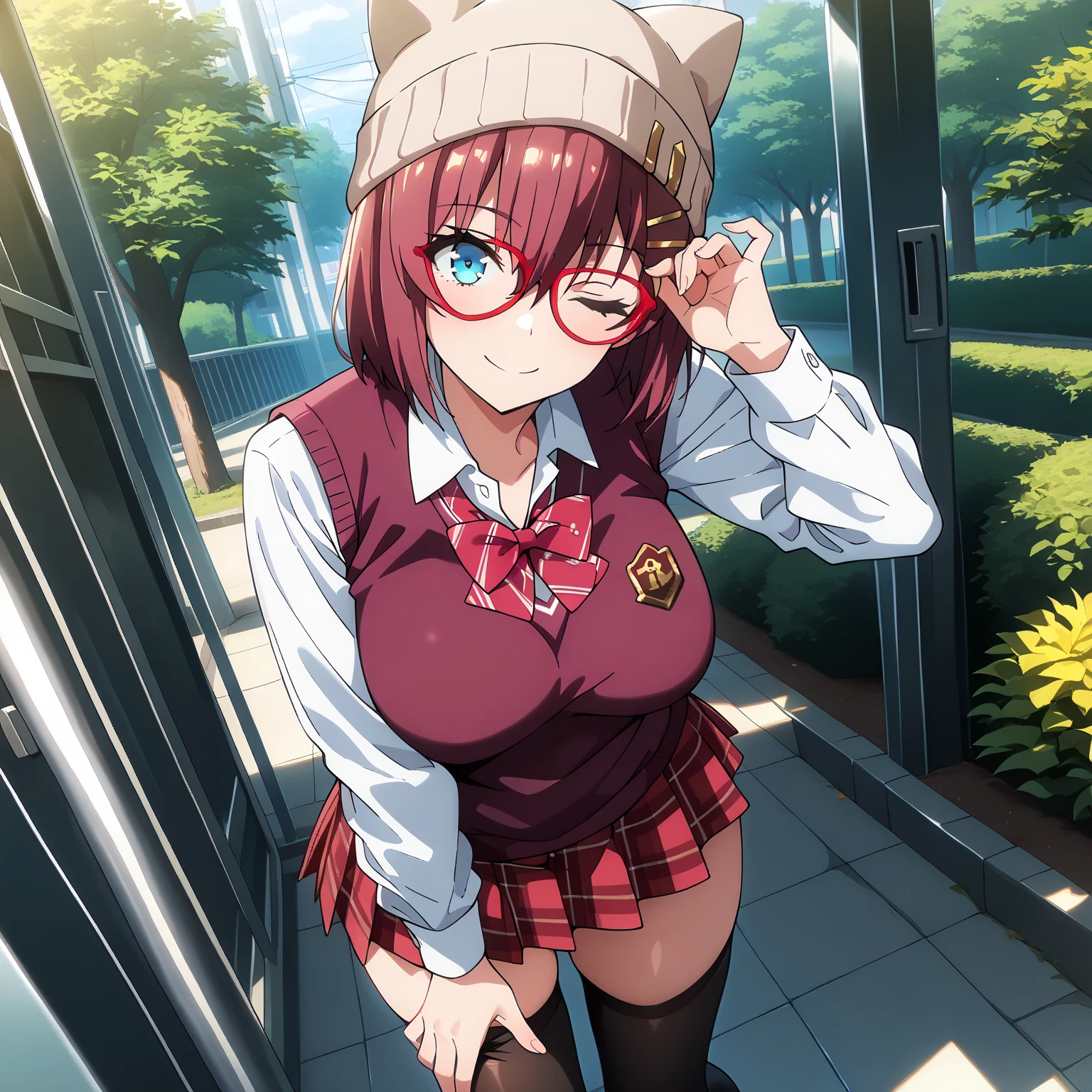 Twintail, red haired, 1girl, (grey eyes1.2), well toned, well built, muscled, toned muscles, (masterpiece), best quality, highres, solo, ribbon, white ribbon, hair ribbon, brown jacket, jacket, long sleeves, smiling, indoors, classroom background, standing, looking at the viewer, (ddlc school uniform:1.5), (showing sweating naked pussy:1.5)、 sitting, spread legs unbuttoned uniform, lingerie, visible bra, lifted skirt, sweating, blushing, aroused, luquid dripping from her vagina, exhaling steamy air, touching her pussy, sunglasses