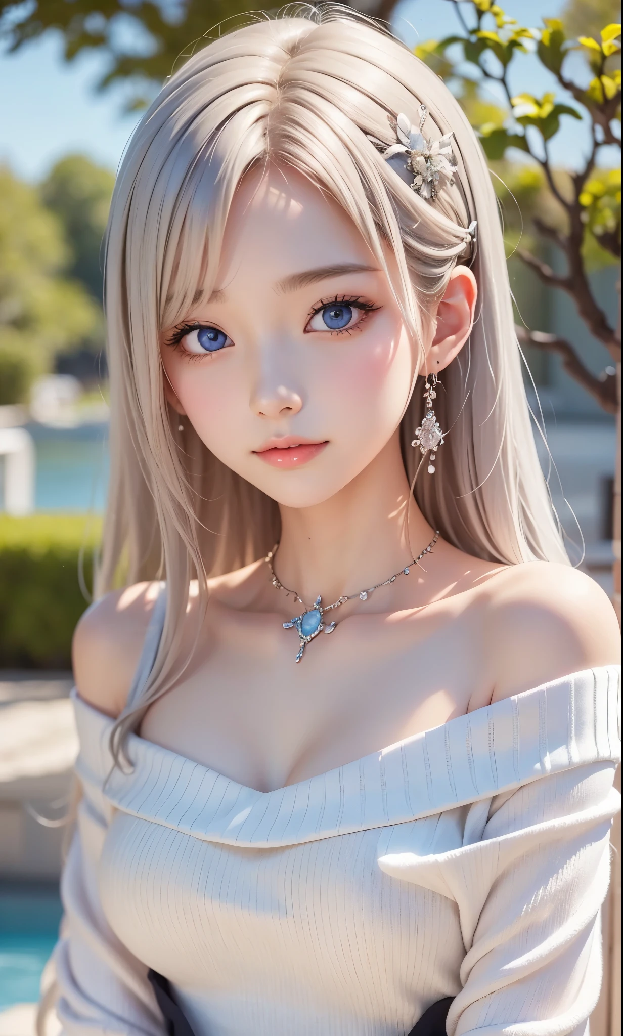 There is a woman in a white dress, artwork in the style of Gwaiz, Gwaiz on pixiv artstation, Gwaiz on artstation pixiv, Gwaiz, Fantasy art style, Gwaiz masterpiece, Beautiful and elegant queen, Beautiful character drawings, Detailed digital anime art, Blonde Princess, Gray Hair, Sky blue eyes, Pink Lips, off shoulder sweater, cool girl face, beautiful eyes, face type, reika, Tilt her head