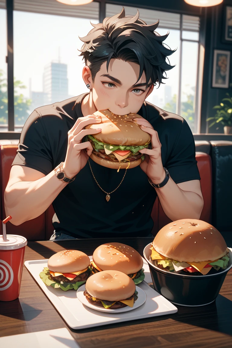 College boy. Boy. Male. Short hair. He is a handsome man, very disciplined and studious. He has a slim toned body and a thick rear, wears a black short short, making his voluminous large ass stand out. Male character. Orange crop top. Short Black messy boy hair. High quality. rear pointed at camera, eating a giant burger. bedroom.