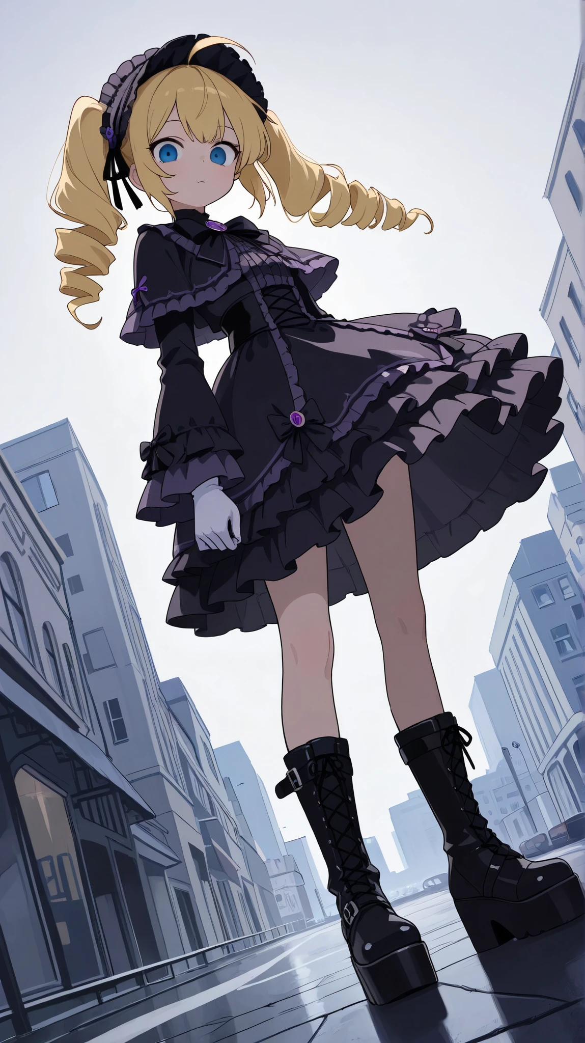 (score_9, score_8_up, score_7_up), ultra-detailed, detailed face, focus on face, dynamic angle, dutch angle shot, (looking at viewer),
BREAK
Solo, a girl, blonde, long hair, drill hair, ahoge, blue eyes, slant eyes, narrow eyes, twintail, White gloves,
BREAK,
Violet mini hat, Violet dark gothic lolita, Black platform boots,
standing, outdoors background with cityscape, at noon,
anime, illustration, masterpiece, best quality, detailed, mystical atmosphere, pastel academia, soft-edged, soft surface, backlighting, moody lighting, underlighting, sharp shadows, fast shutter speed, 2D Anime, Best Hands, Best Hand, F4.0, SONY FE GM, best hand,flat color