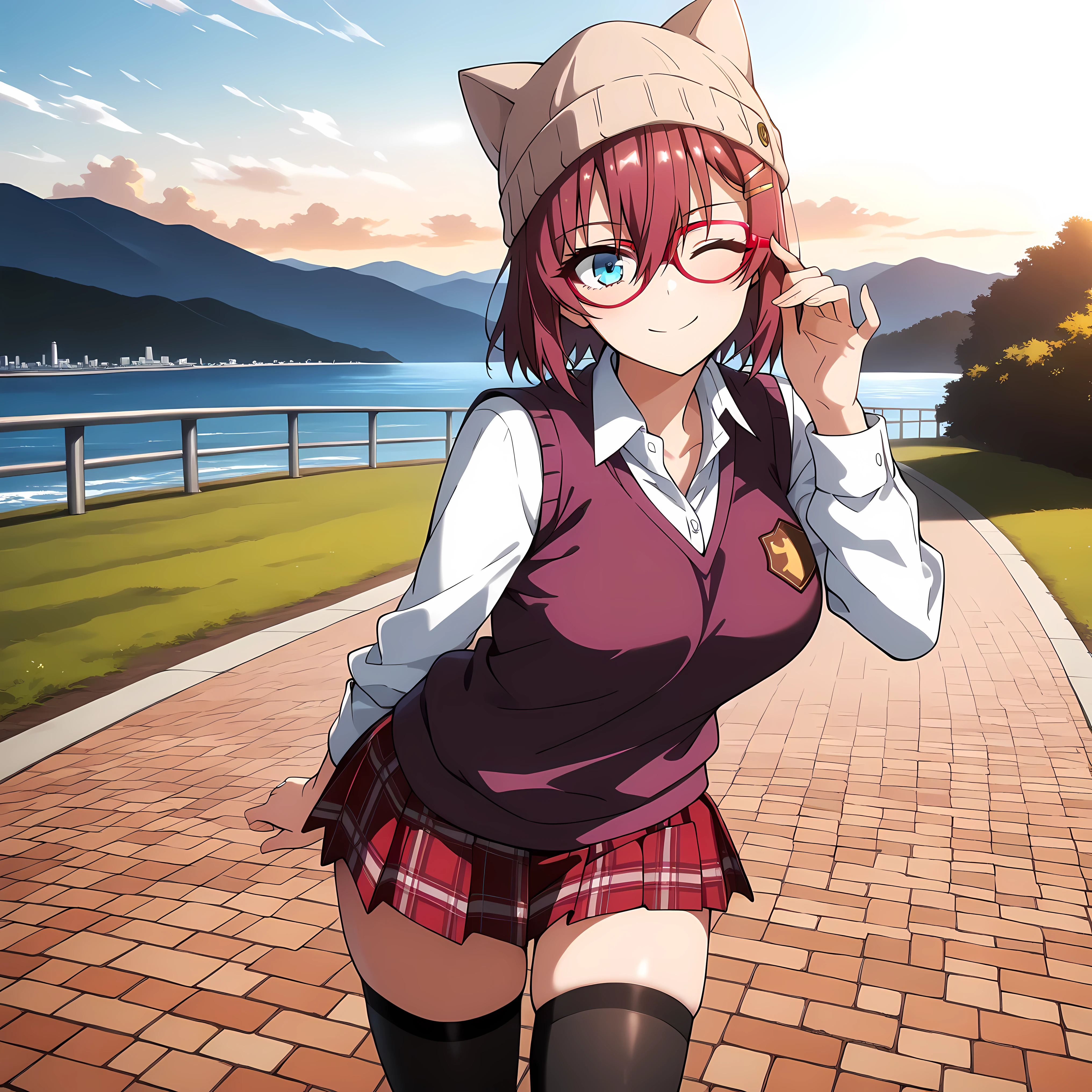 masterpiece, best quality, amazing quality, very aesthetic, absurdres, newest, scenery,highly detailed,high-resolution, {{Increase saturation:1.2、Highly colored}} looking at viewer,smile, solo, AkaneNanao,1girl,red hair,short hair,hairclip,blue eyes, Medium breasts,
beanie, brown headwear, cat hat, blue eyes, one eye closed, red-framed eyewear, white shirt, collared shirt, long sleeves, purple vest, sweater vest, red skirt, plaid skirt, pleated skirt, miniskirt, black thighhighs