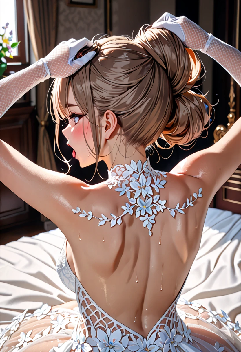 ((A very beautiful woman posing for photos and wearing a white silk microrope, a white silk rope thong, surrounded by a colored mist)), ((wearing an open white silk shirt: 1.5)), (((Small breasts:1.4, and firm breasts:1.5))), 8k, RAW photo, ((full body photo)), (highly detailed skin: 1.2), (exposed: 1.5), (exposed breasts:1.5), (exposed back:1.5), (exposed shoulders:1.1), (exposed crotch:1.5), photography, masterpiece, best quality, dark gray background, (a beautiful white girl with beautiful blue eyes, beautiful curly blonde hair, white skin, soft breasts and cute abs, two, two areolas), various poses, ultra-detailed face, detailed eyes, ((no close-up)), ((she has one in her crotch and ass)), ((shows ass))
