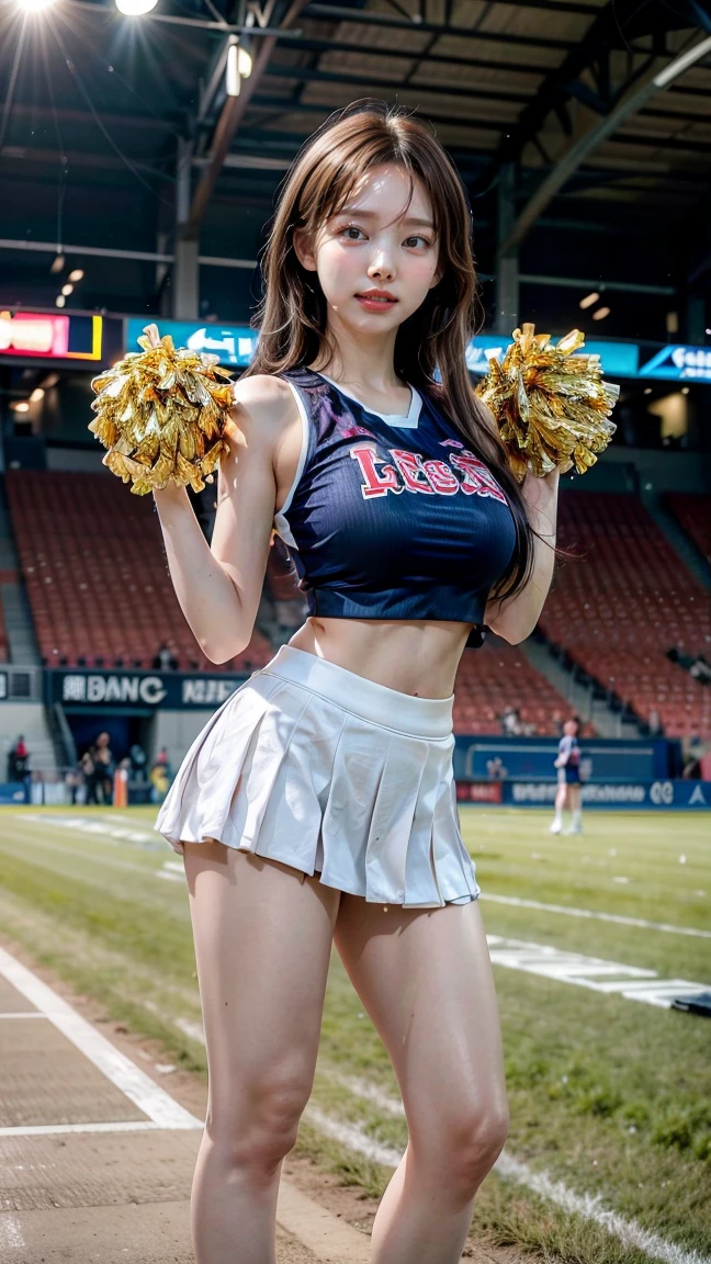 (8k, RAW Photos, Highest quality, masterpiece:1.2), (professional photography, full colors, studio-caliber color grading), (Gravure quality for high-end fashion magazines), BREAK,18 year old girl, (low ponytail:1.1), Big Natural Color Lip, Plumpy body, (smooth skin:1.1), (huge breasts:1.0), BREAK, (cheer girl:1.5),(a miniskirt), BREAK, Hotel Rooms、Low - Angle、Focus on the thighs、whole body
