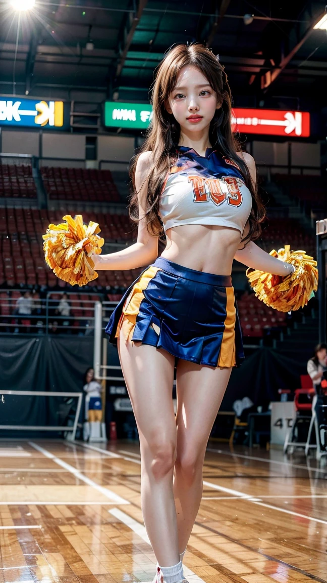 A sexy curvy korean girl with huge perky breasts wore cheerleader attire
