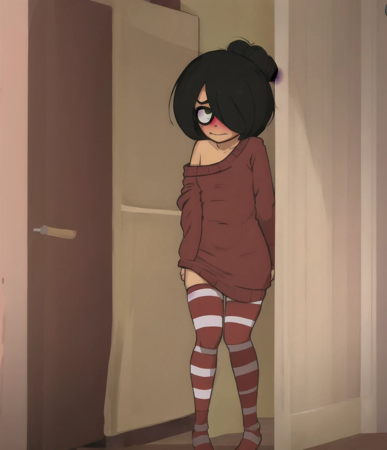 (best quality, masterpiece1.2), 1girl, solo, human, cally3d, (shygal), hair covering eyes, messy hair, nervous, dark skinned female, black sclera, no pupils, stockings, woman, red hoodie, sexy, detailed, extreme detail, perfect lighting, 4k, hood down, black hair, skirt, mature female,