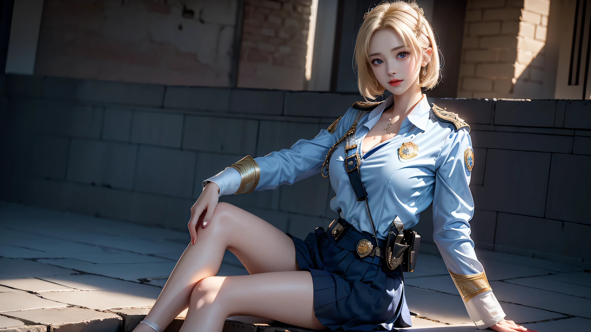 ((Girl sitting on bench in nightclub street))、Best quality work,actual work,Ultra Premium Graphics,8K HD CG Works,High quality graphics,High-definition CG works,10x pixels,Extremely fine detail:1.1,Advanced Technical Details:1.1 Photorealistic,Natural light:1.5. Light effects(virtual Light effects:1.8),((Golden white short hair))、(Bob Hair), Thin eyebrows,High nose, Nice red lips, Rose Cheeks, Modest makeup face , Cute face, Perfectly balanced face,Light-colored foundations enhance the clarity of your skin..,((Female police officer:1.5)),((Light blue short sleeve dress shirt)),((Navy blue tight skirt)). 40k, photograph, Tabletop, highest quality, Rain Background, ((1 A girl with beautiful eyes and light hair, White skin, Various poses.((Medium sized breasts,:1.1)), highest quality, Tabletop, Ultra-high resolution, (Realistic:1.4), RAWphotograph, (Perfect figure), (slim:1.3), Slim abdomen, Perfect slim figure, Dynamic pose, alone, Cold light 12000K, Very detailed facial and skin texture, fine grain, Realistic eyes, Beautiful fine grain, (Realistic Skin), charm, 超A high resolution, Surreal, Very detailed、(Black Stockings),
